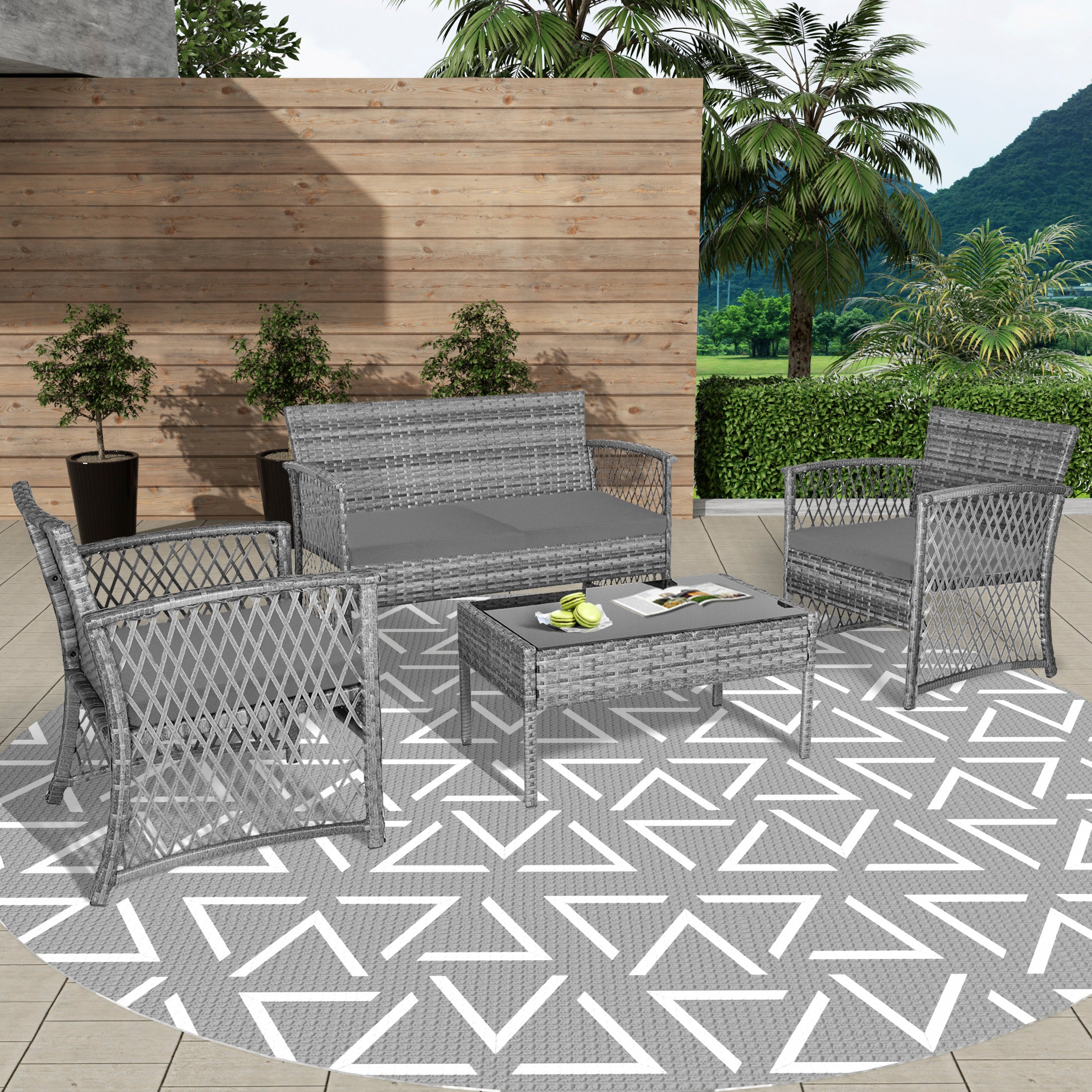 Estela 4-Piece set Coffee color base Outdoor / Patio Woven Rattan Conversation Sofa set with cushions a Coffee table ( 4 seater )