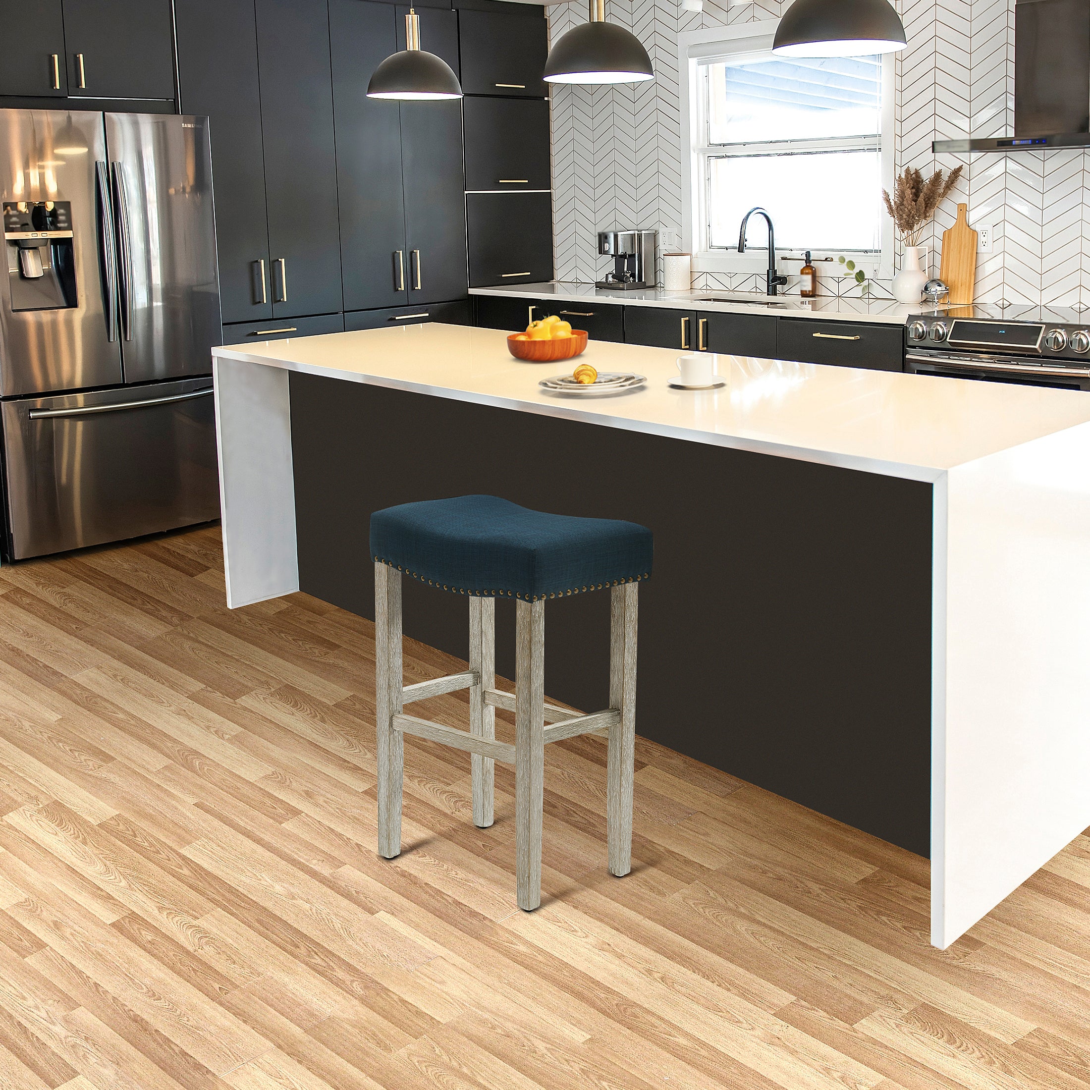 Bulmon 29" upholstered nail head bar counter stools with Antique Gray color legs