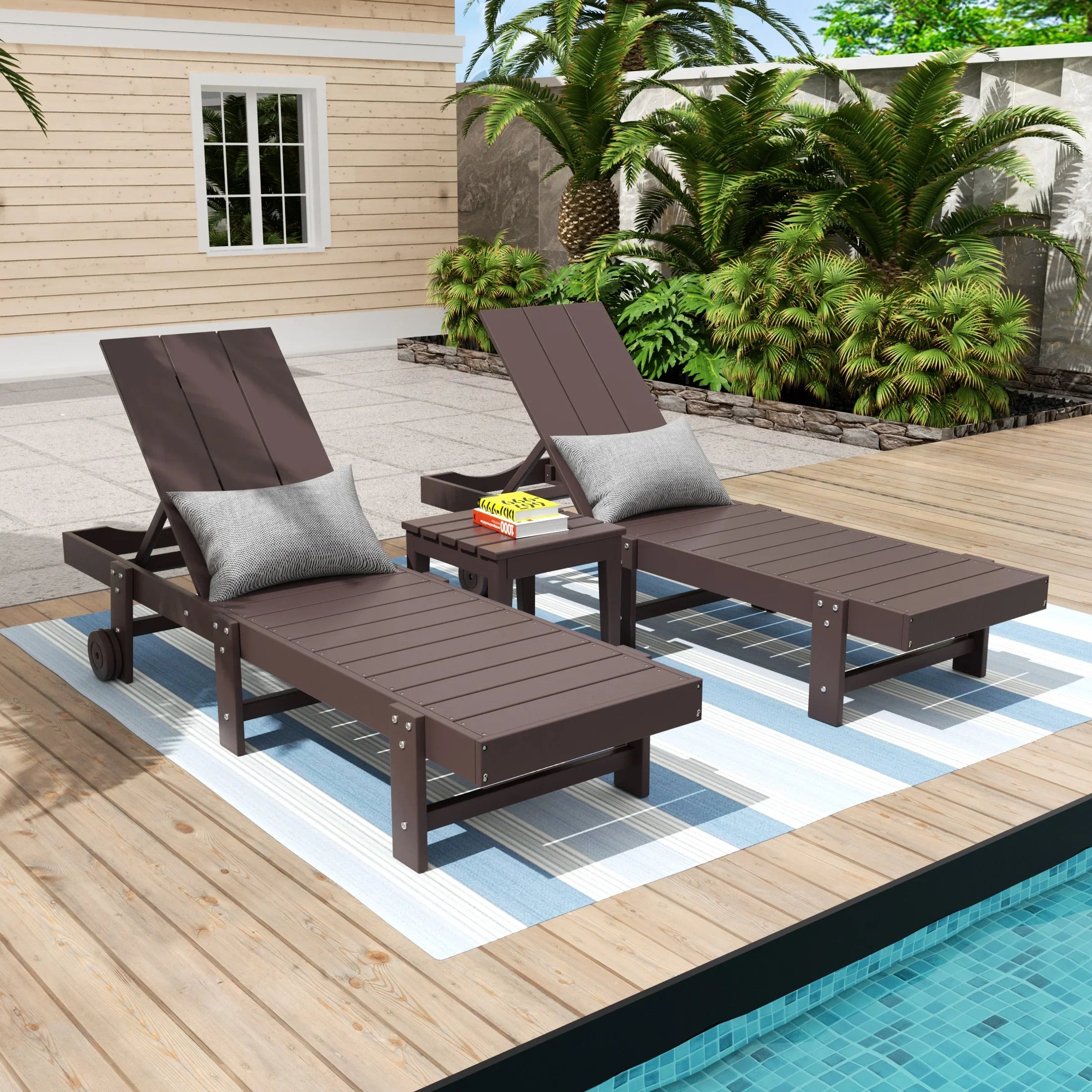 Palms 3 Piece Modern Poly Reclining Chaise Lounge With Wheels