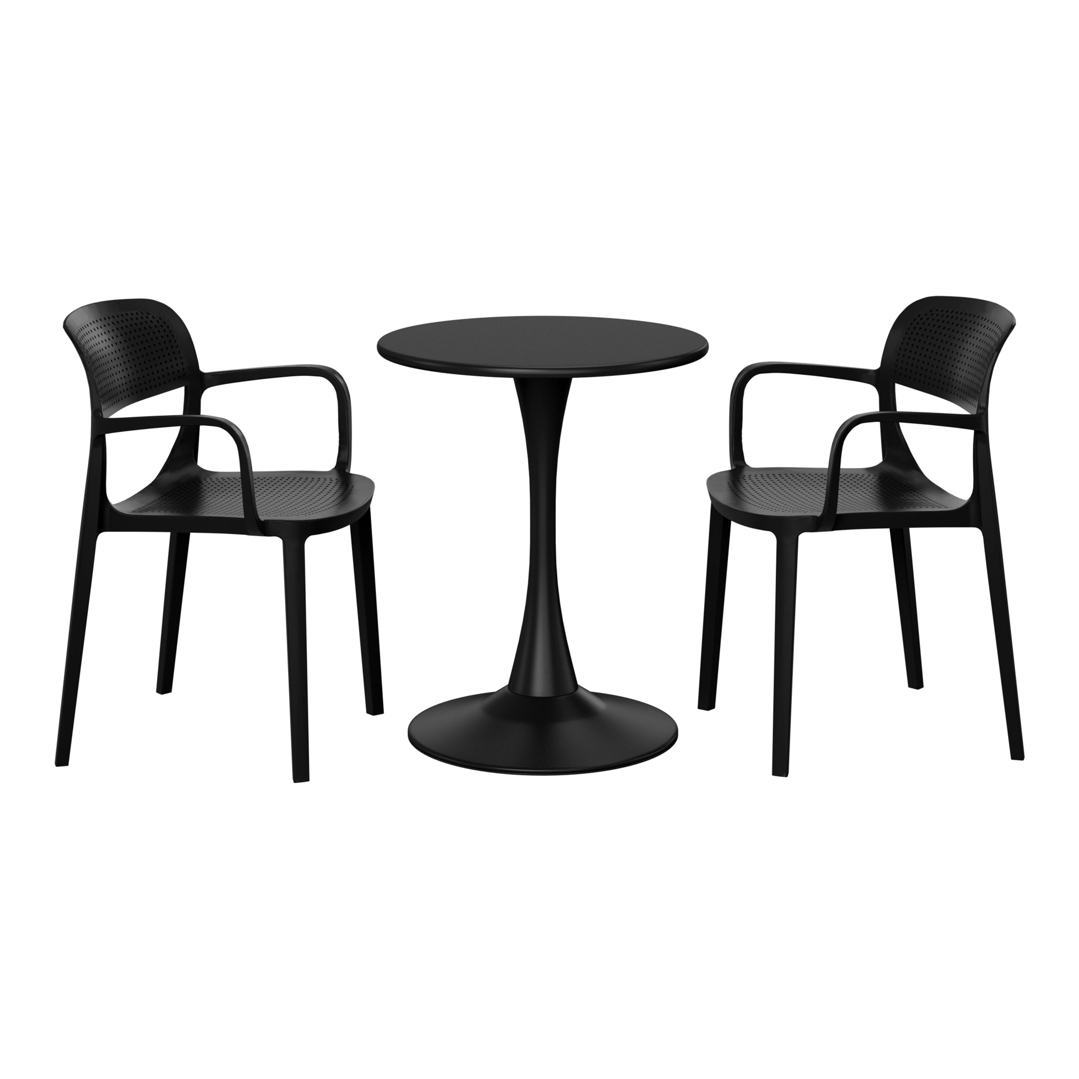 Sunshine 3-Piece Round Metal Bistro Dining Table Set And Stackable Resin Patio Dining Arm Chairs
