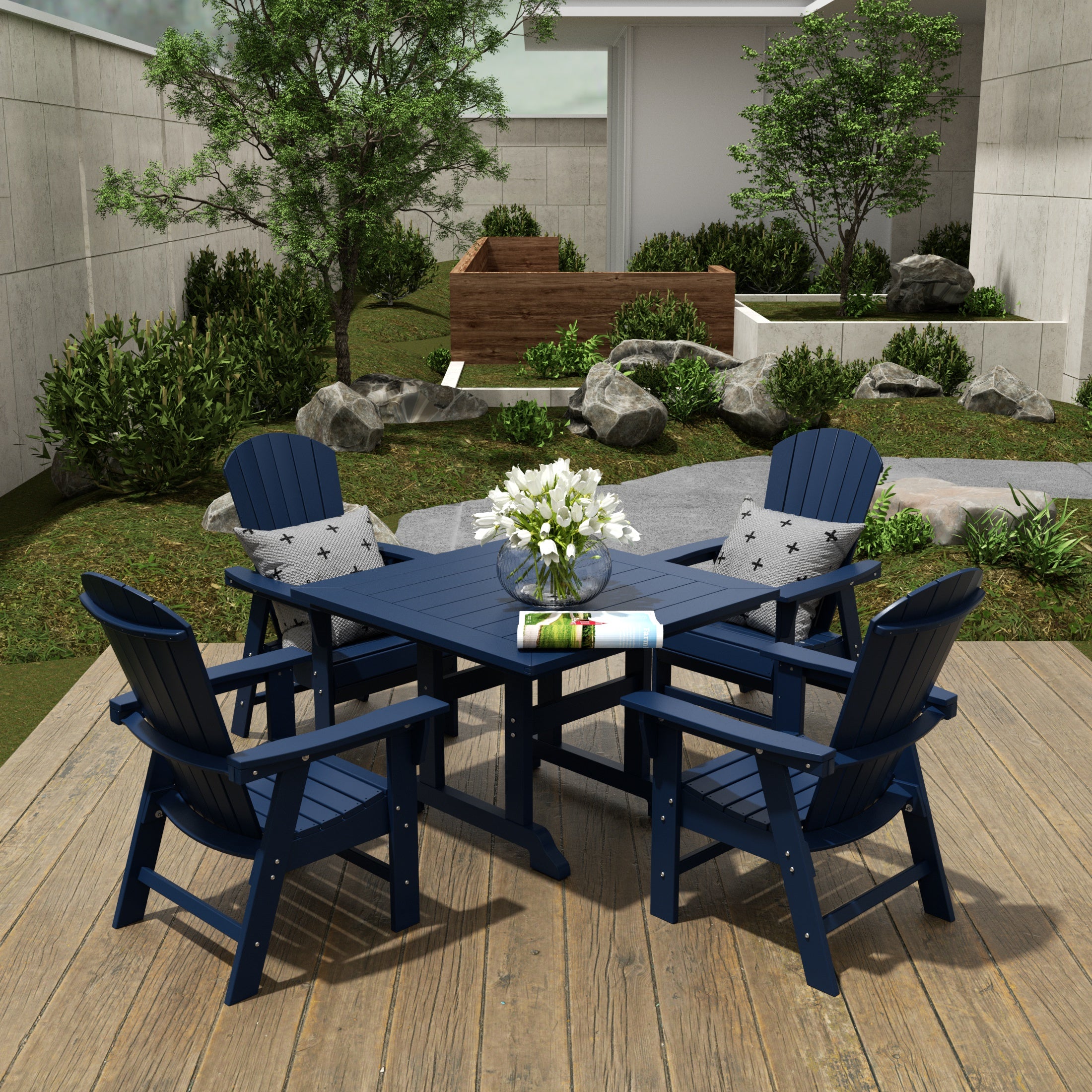 Portside 5 Piece Outdoor Patio Dining Square Table and Shell Back Armchair Set