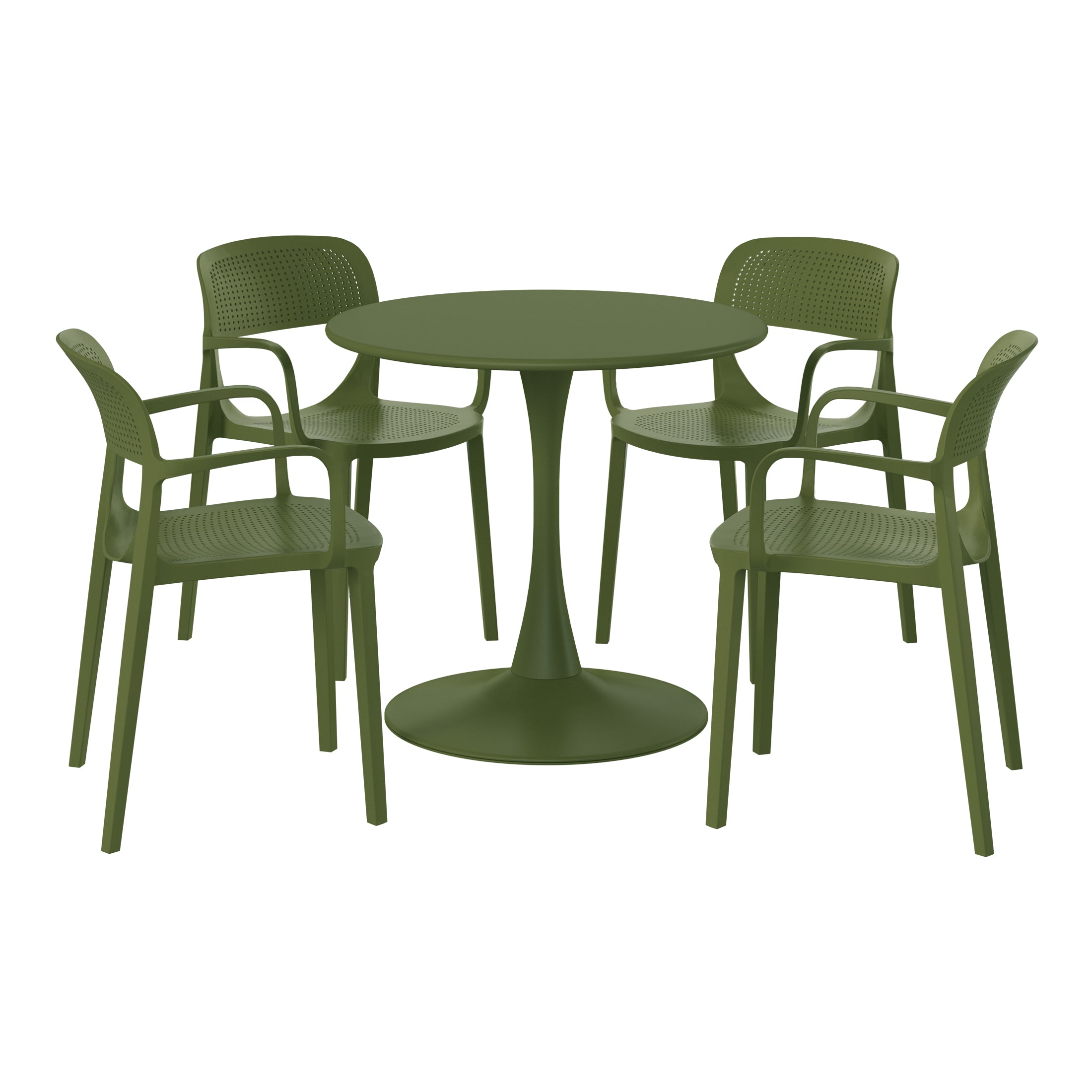 Sunshine 5-Piece Round Metal Bistro Dining Table Set And Stackable Resin Patio Dining Side Chairs