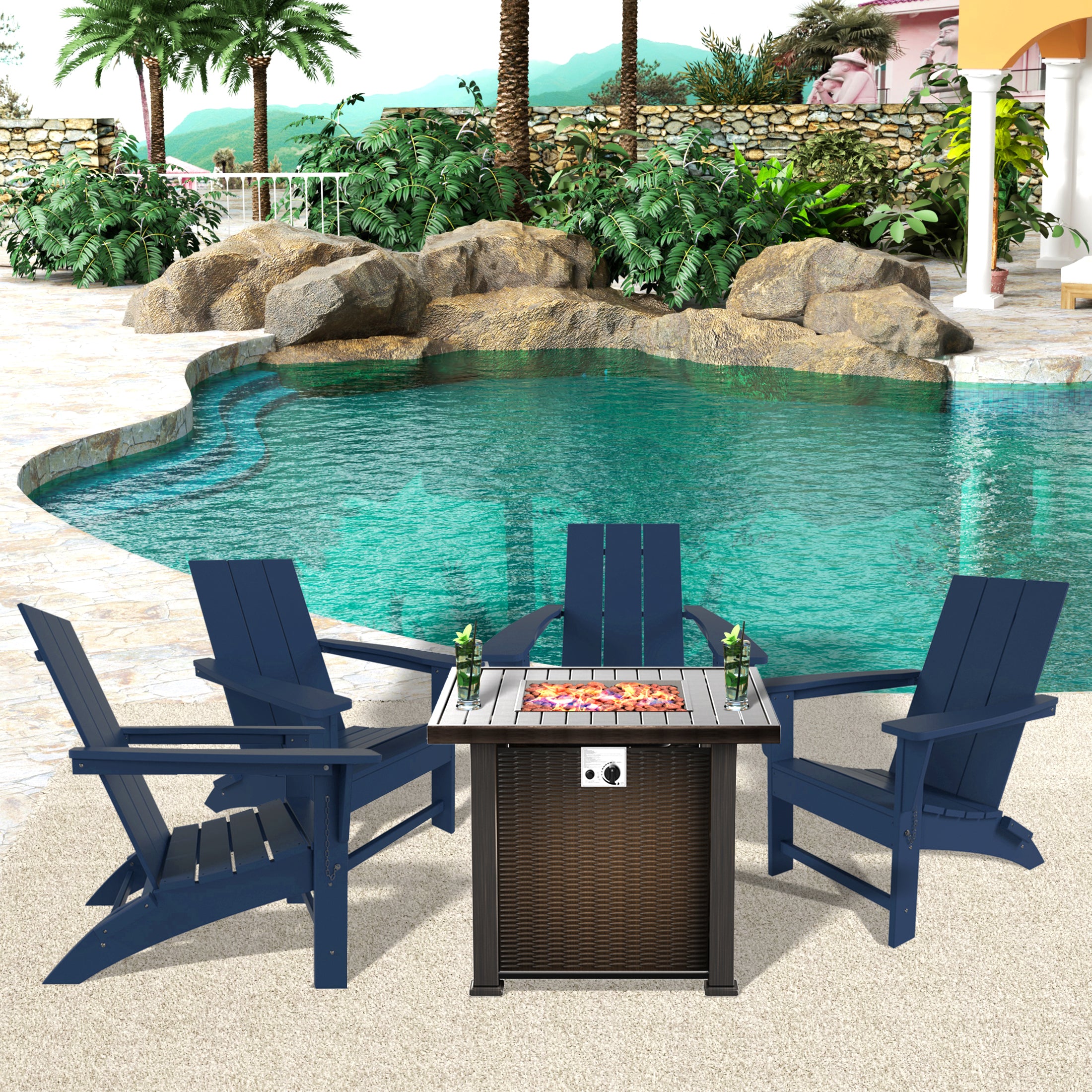 Palms Modern Folding Poly Adirondack Chair With Square Fire Pit Table