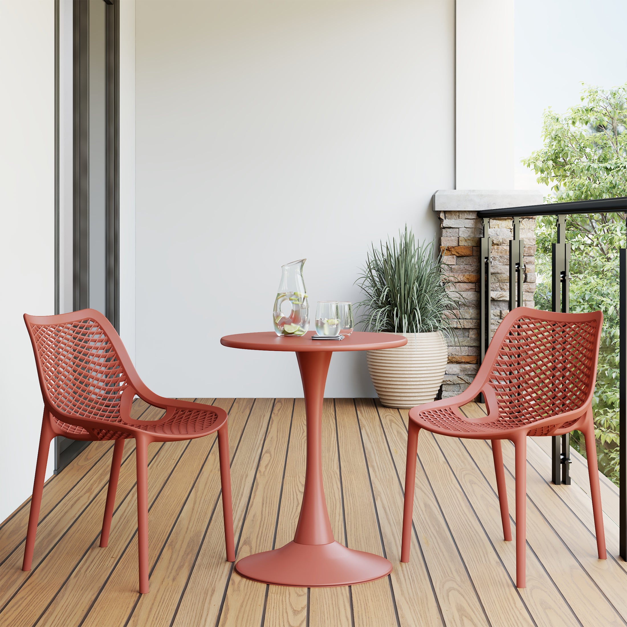 Sunshine 3-Piece Outdoor Round Metal Dining Table Set And Stackable Resin Patio Dining Side Chairs