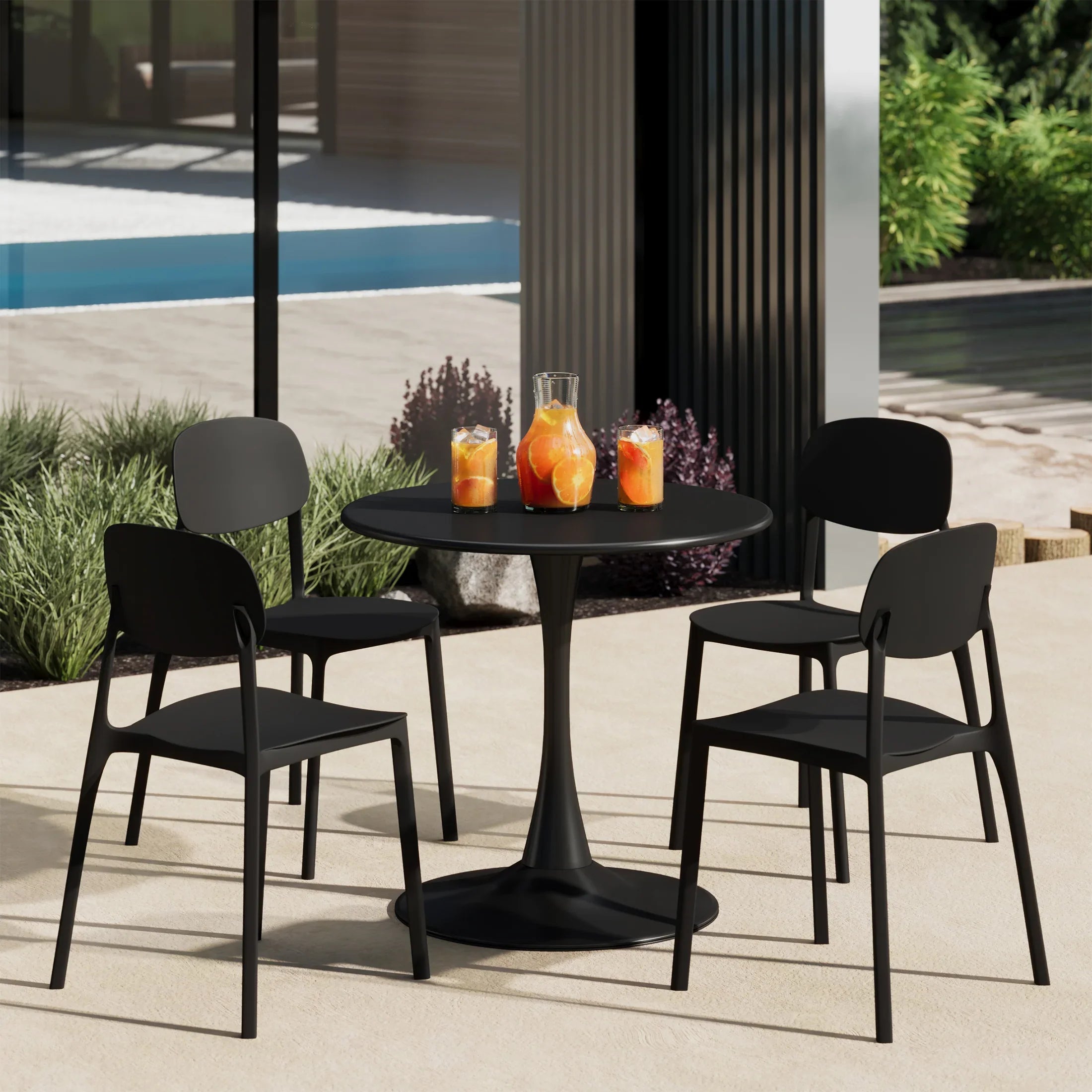 Sunshine 5-Piece Indoor Outdoor Metal Round Patio Dining Table Set With Stackable Resin Patio Side Chairs