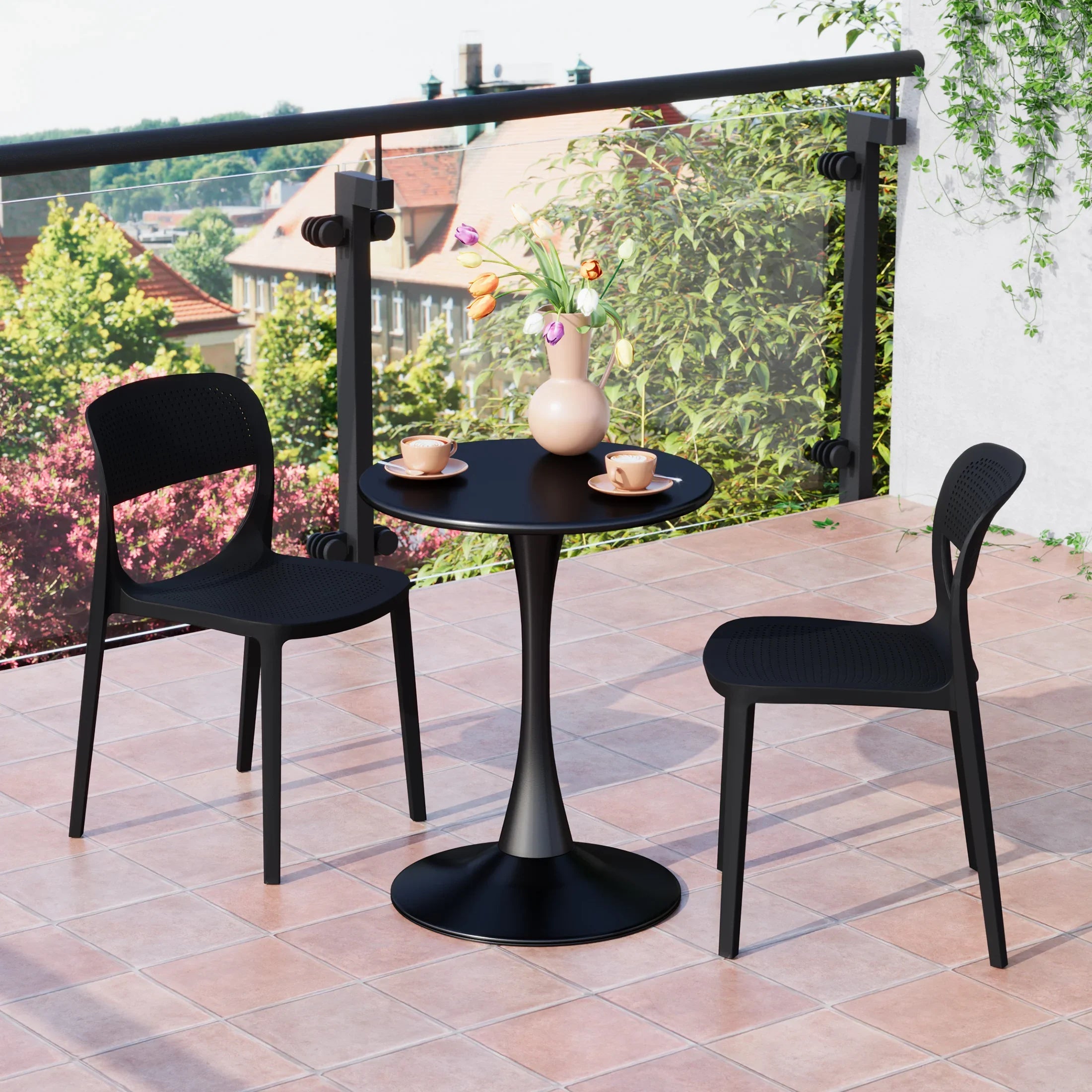 Sunshine 3-Piece Round Metal Bistro Dining Table Set And Stackable Resin Patio Dining Side Chairs