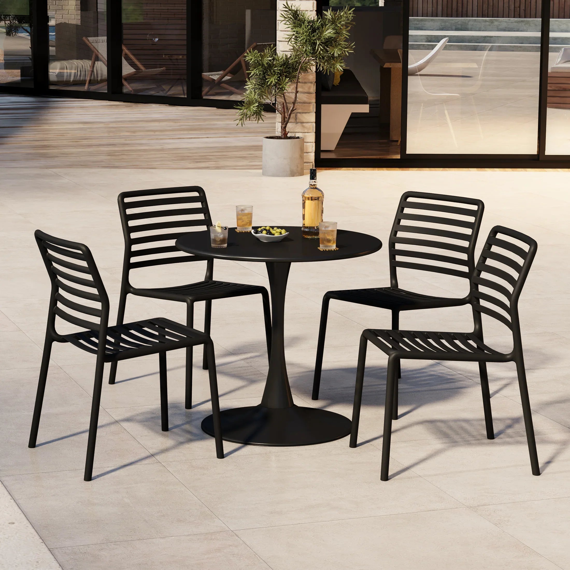 Sunshine 5-Piece Outdoor Indoor Metal Patio Dining Table Set With Stackable Plastic Patio Side Chairs