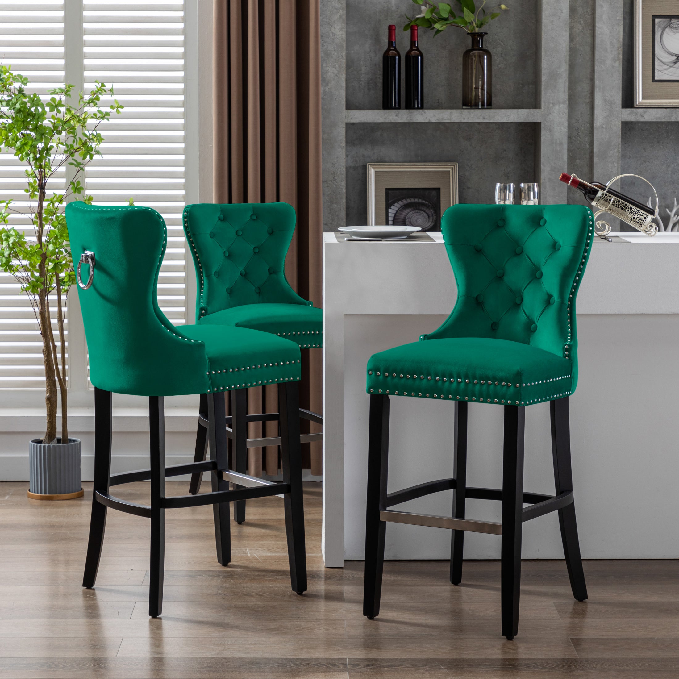 Hank 29" Tufted Velvet Bar Stool (Set of 3), Antique Gray