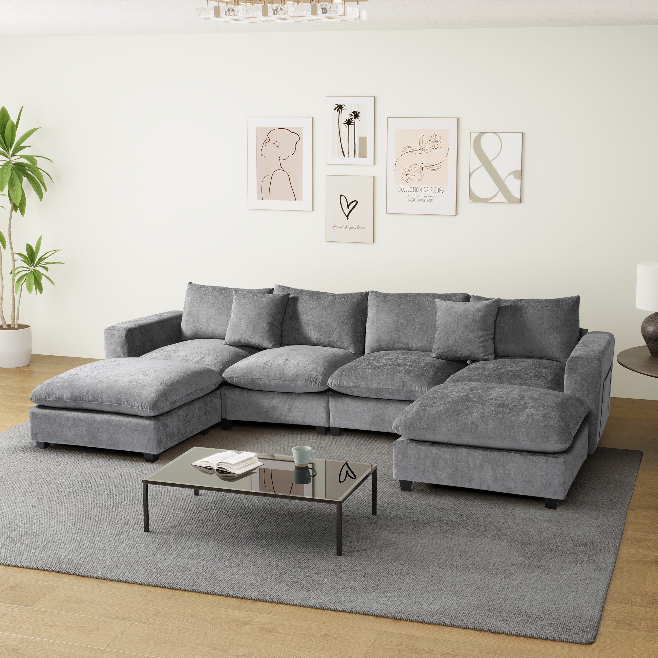 Springfield 128" Chenille Modular U-Shaped Sectional Couch and Chaise With USB/Type-C Ports and Side Pockets
