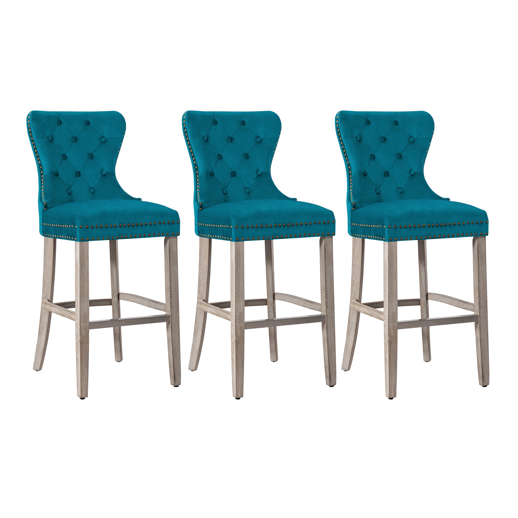 Hank 29" Tufted Velvet Bar Stool (Set of 3), Antique Gray