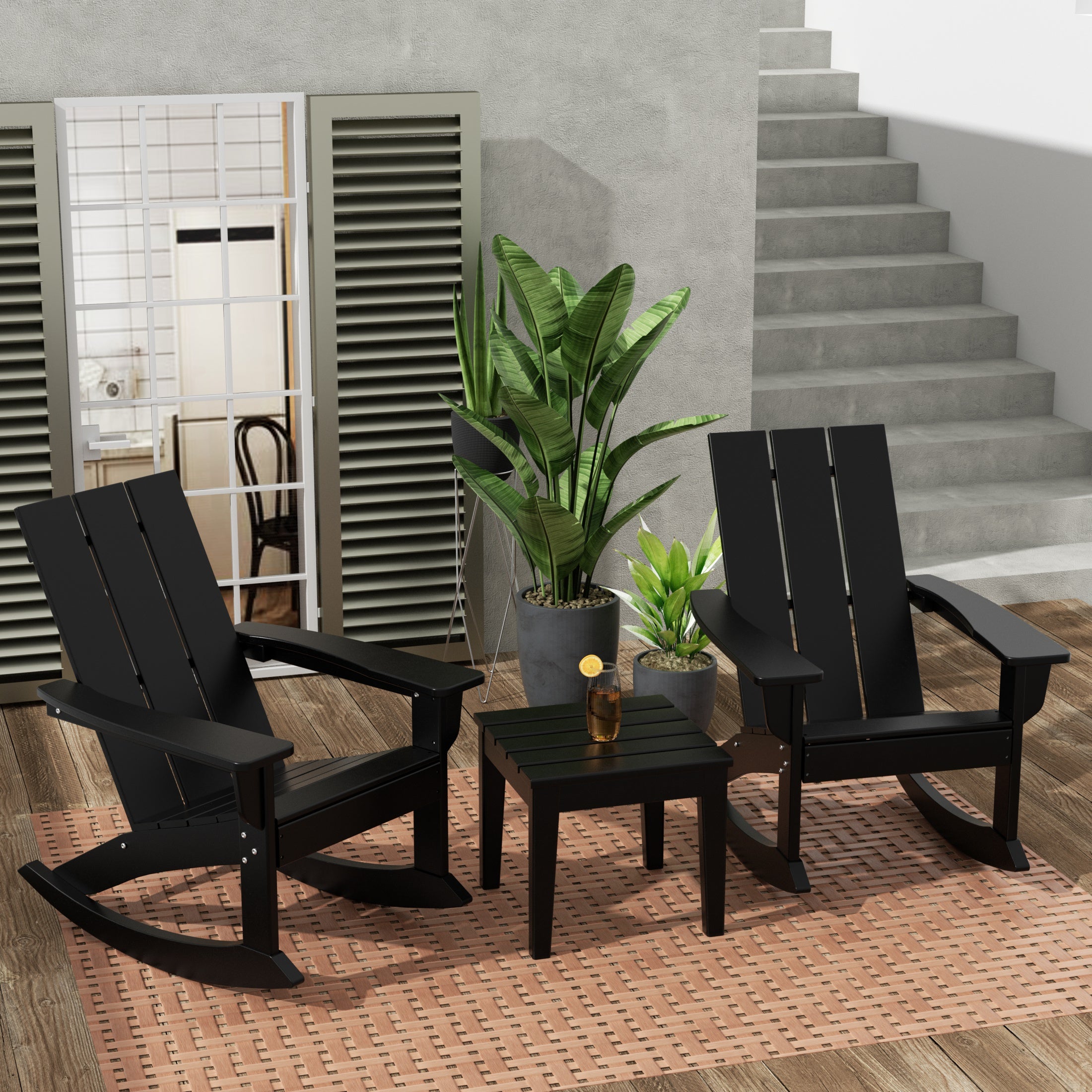 Palms Modern Rocking Poly Adirondack Chair With Side Table 3-Piece Set