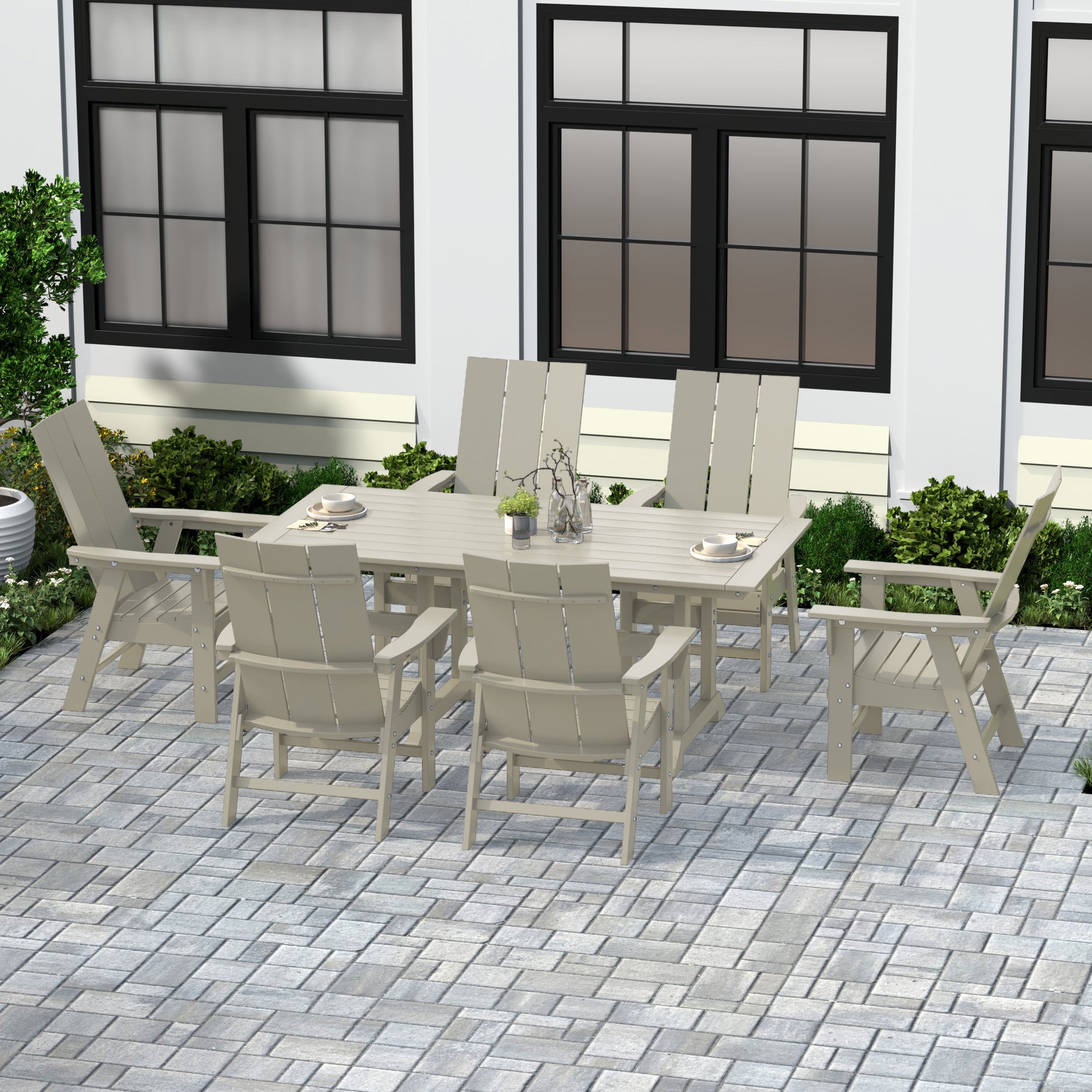 Palms 7 Piece Outdoor Patio Dining Table and Modern Adirondack Armchair Set