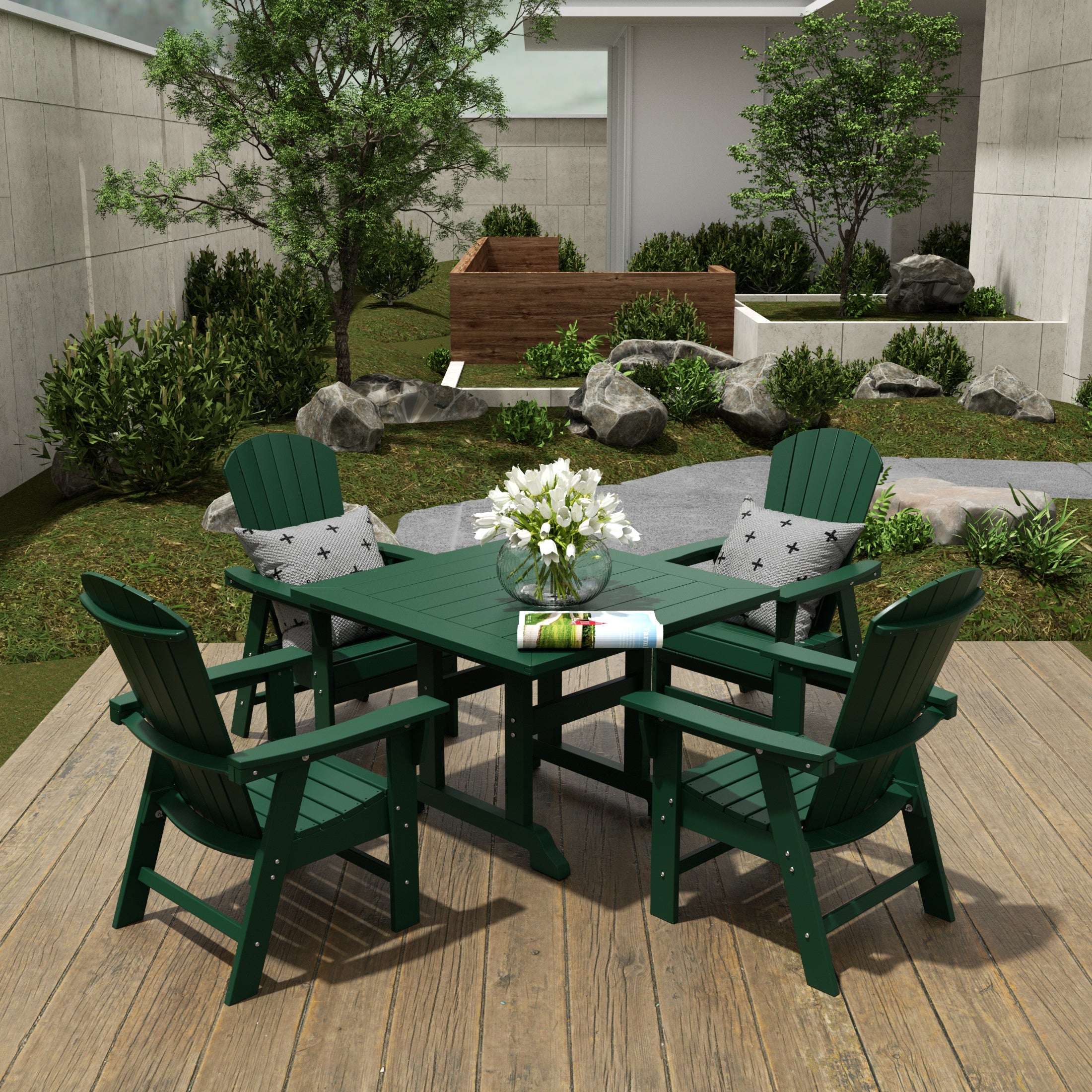 Portside 5 Piece Outdoor Patio Dining Square Table and Shell Back Armchair Set