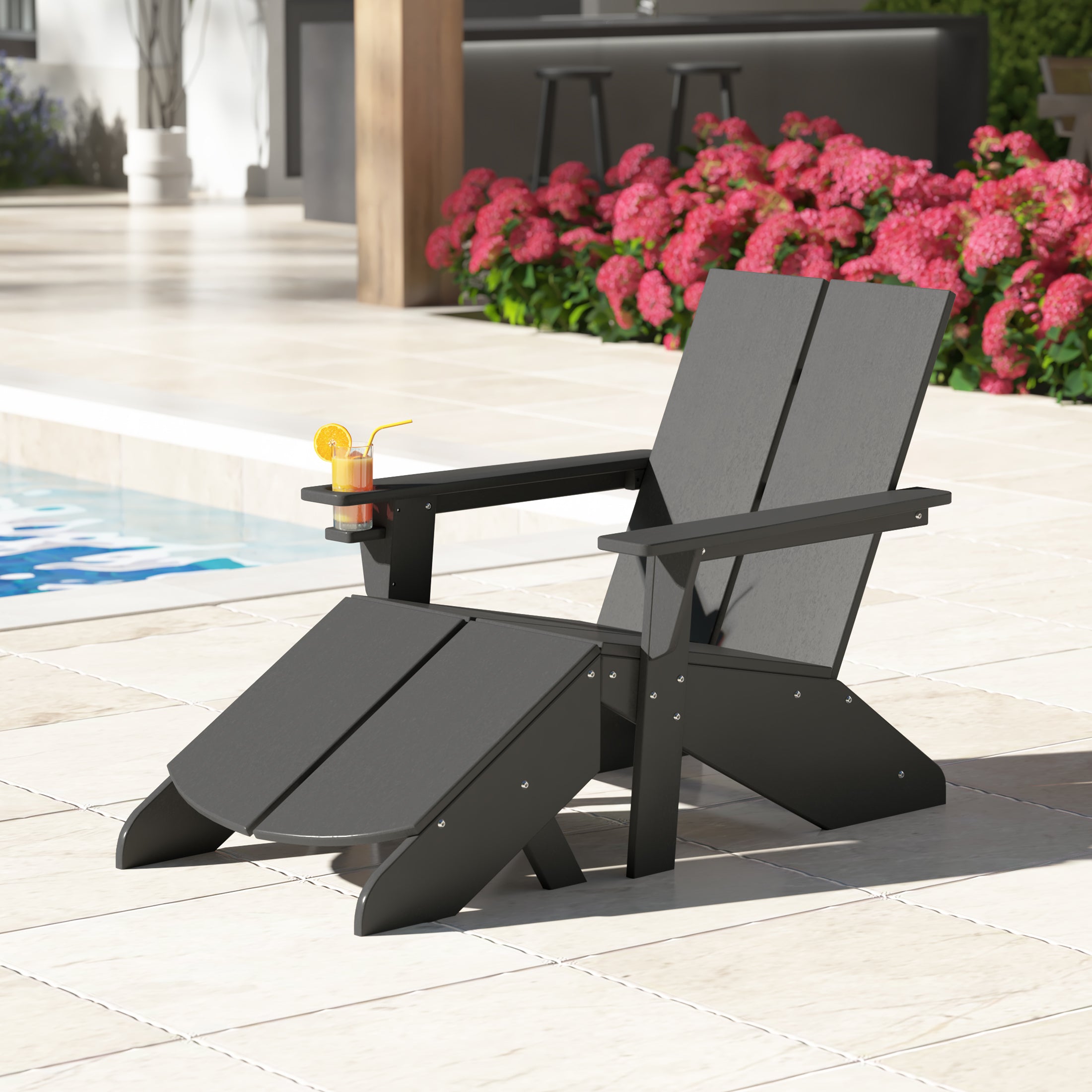 Seaview Outdoor HDPE Modern Adirondack Chair with Folding Patio Ottoman and Cup Holder