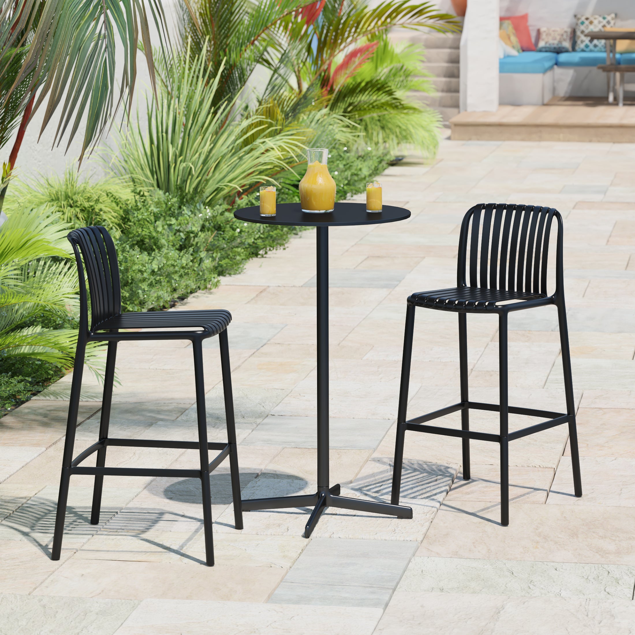 Sunshine 29.5" Outdoor Modern Polypropylene Plastic Patio Bar Height Stools (Set of 2)