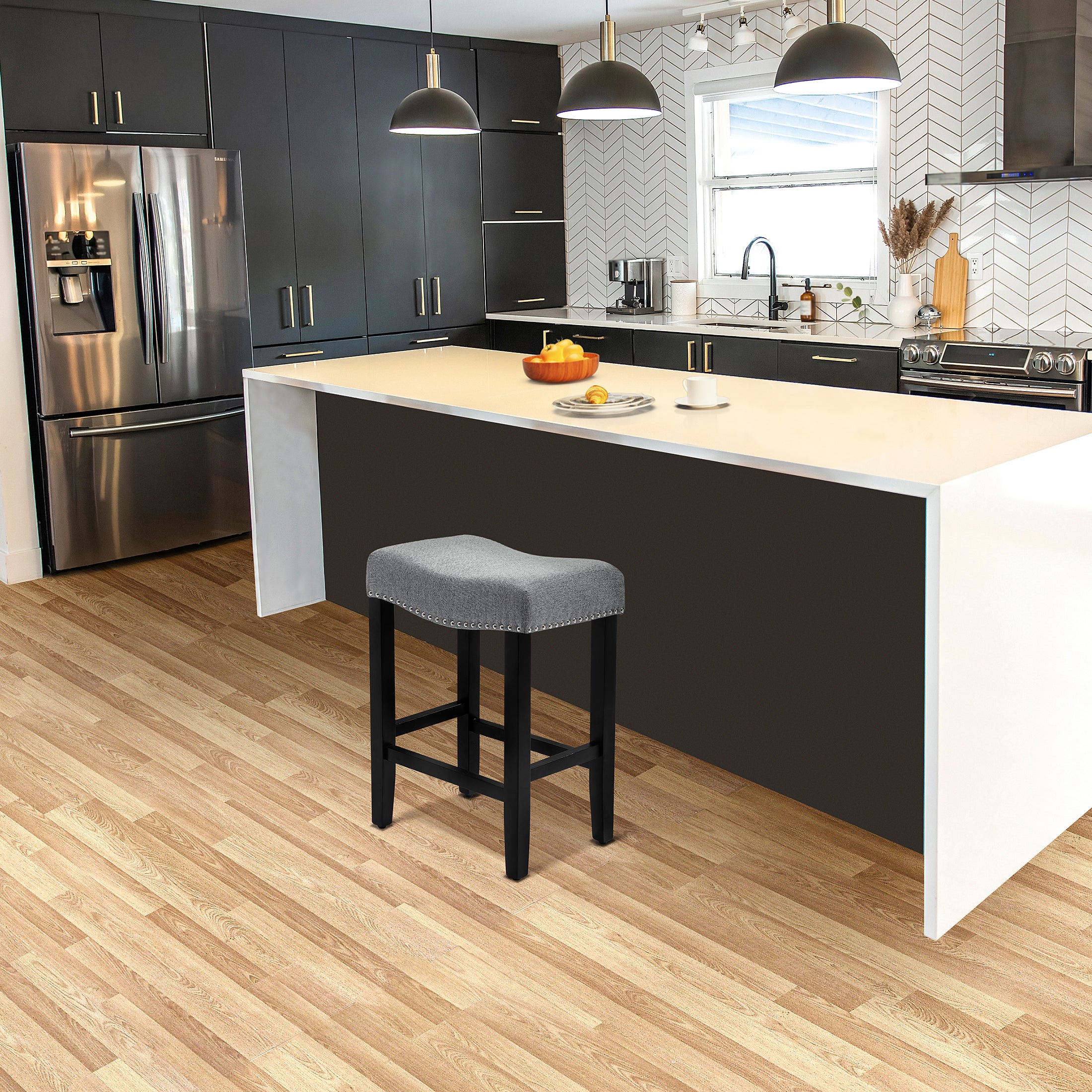 Bulmon 24" upholstered nail head bar counter stool with Black color legs