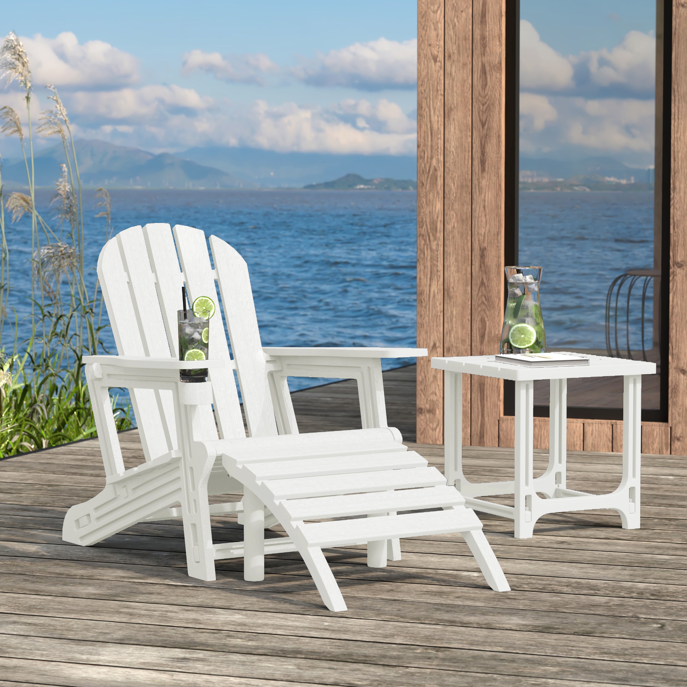 Cayman 3-Piece HDPE Outdoor Patio Adirondack Chair with Ottoman and 18" Side Table Set