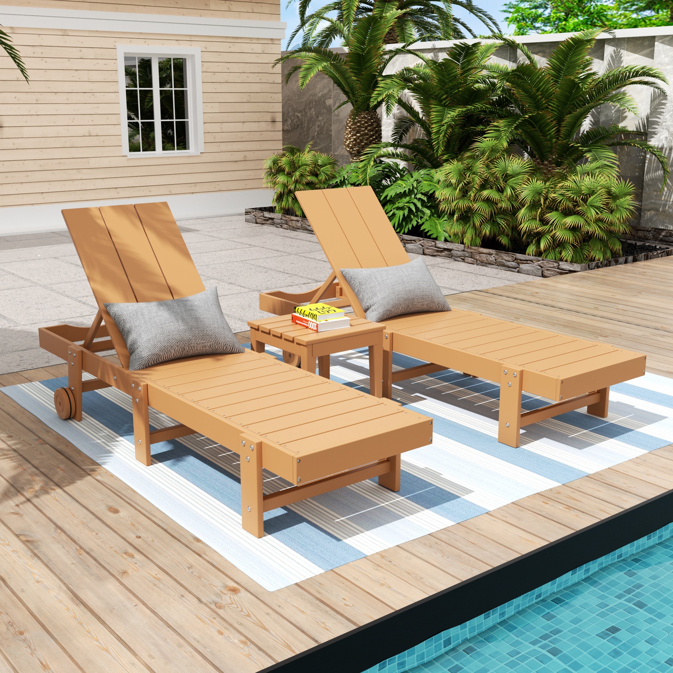 Palms 3 Piece Modern Poly Reclining Chaise Lounge With Wheels