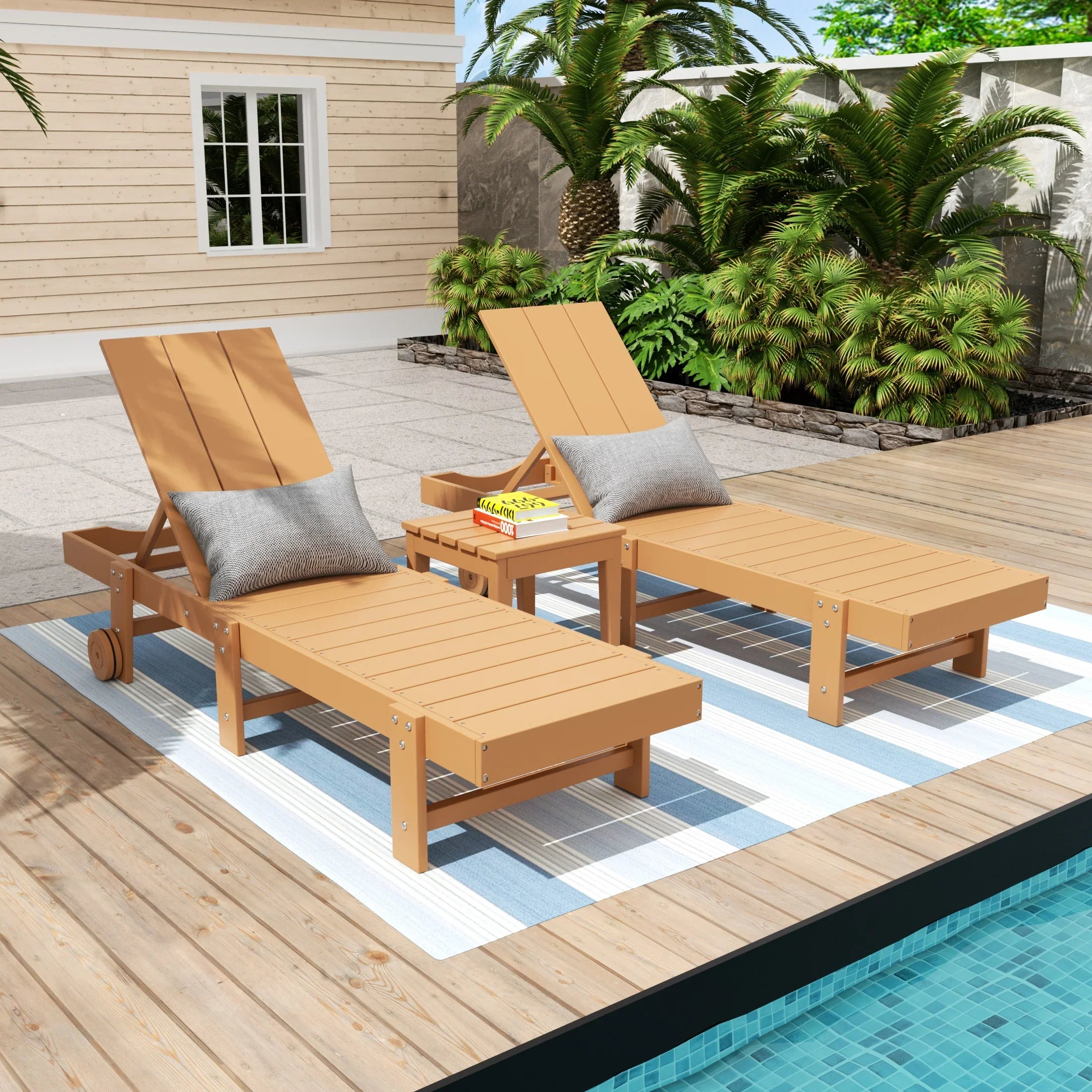 Palms 3 Piece Modern Poly Reclining Chaise Lounge With Wheels