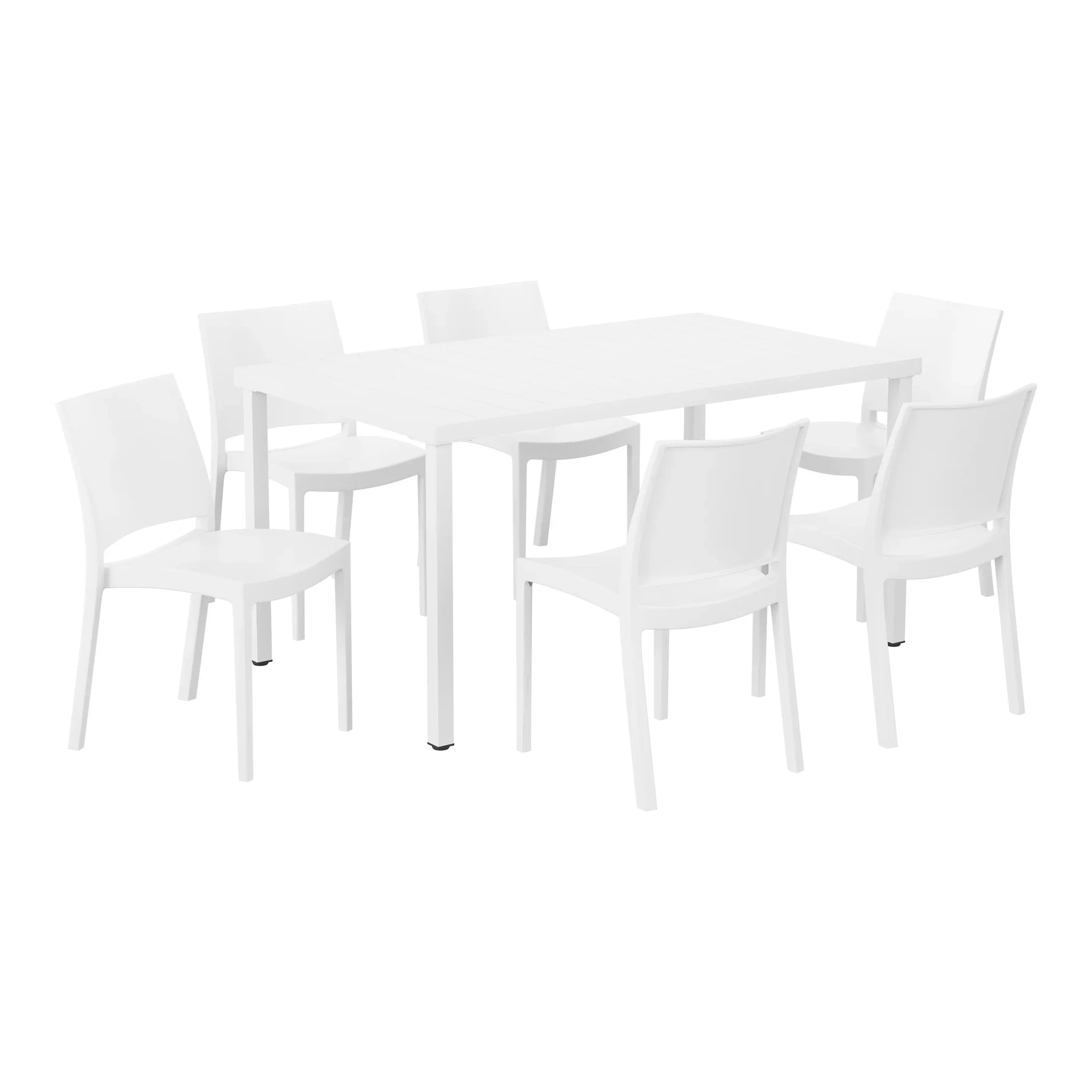 Sunshine 7-Piece Outdoor Rectangular Metal Patio Dining Table Set With Stackable Resin Patio Side Chairs