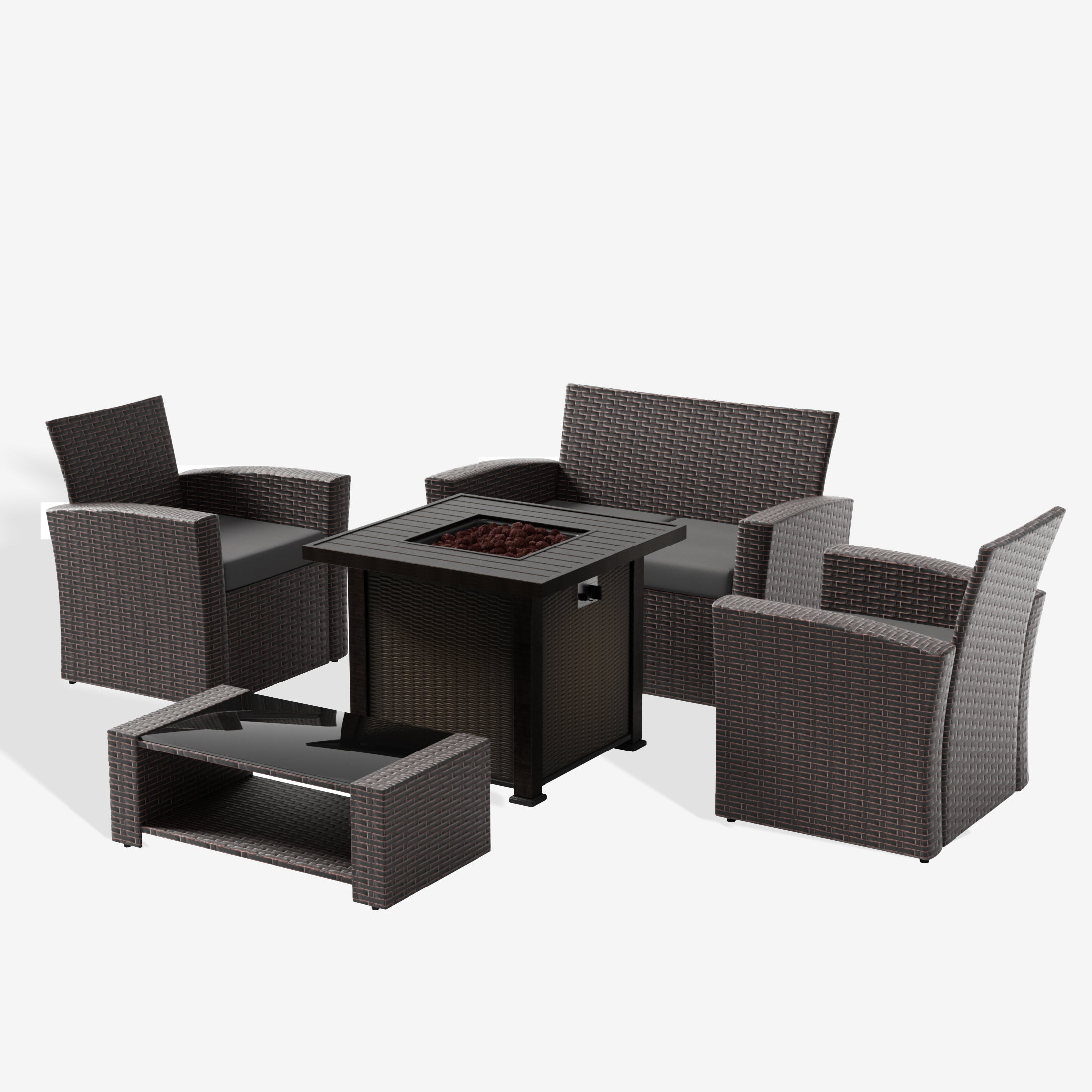 Wynston 4-Piece Conversation Outdoor Patio Sofa Set with Square Fire Pit Table, Chocolate