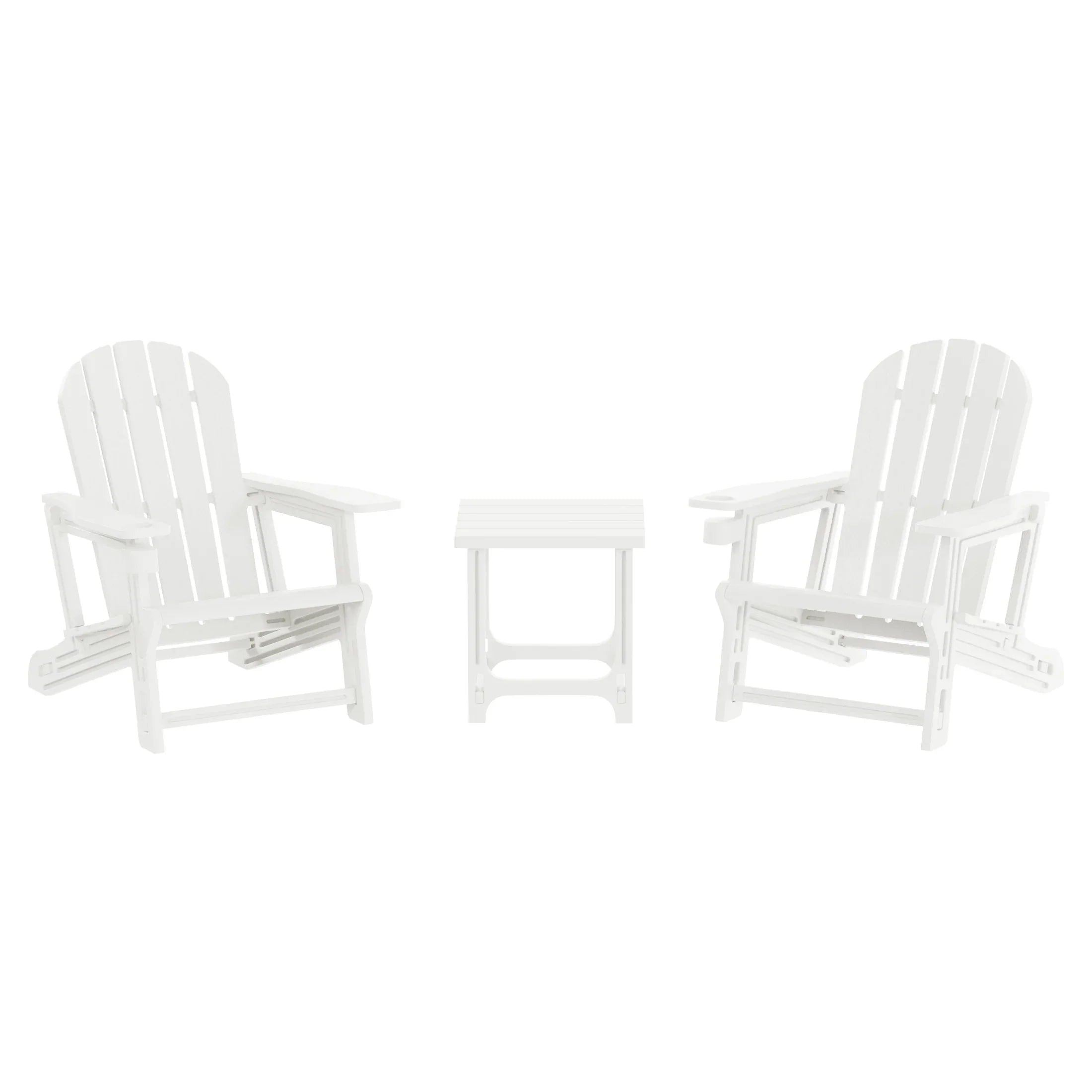 Cayman 3-Piece HDPE Plastic Adirondack Patio Chairs With 18" Square Side Table Set