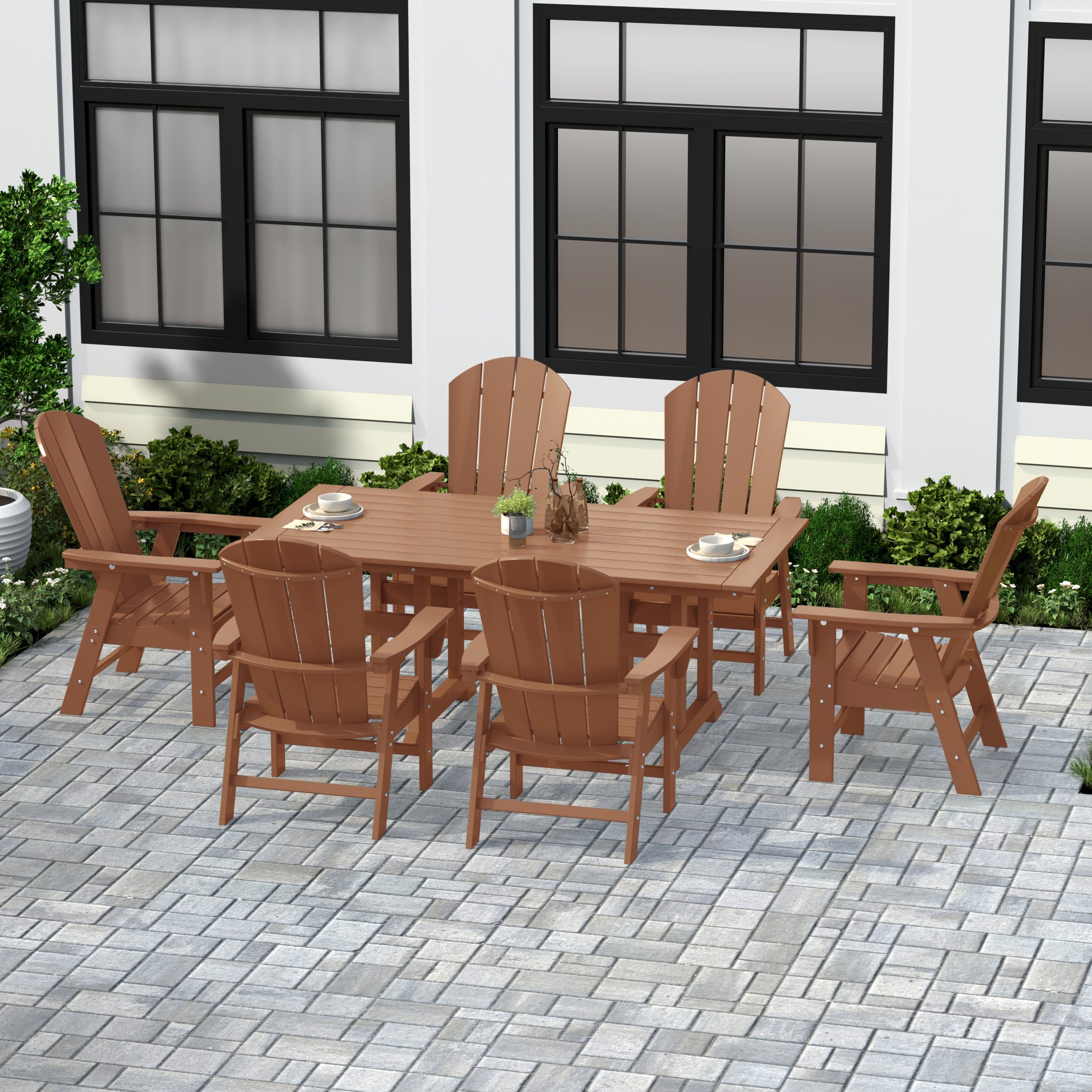 Paradise 7 Piece Outdoor Patio Dining Table and Adirondack Armchair Set