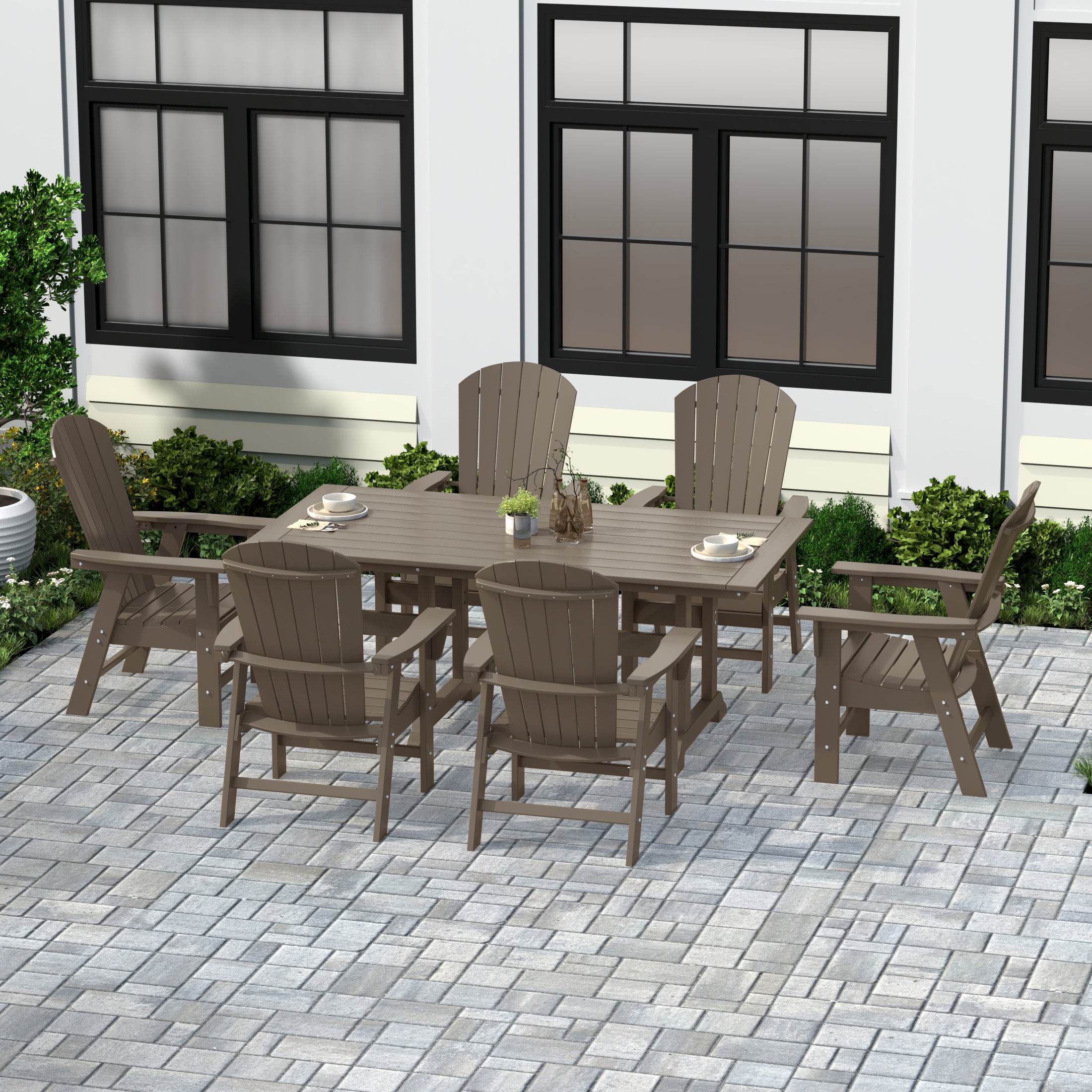 Portside 7 Piece Outdoor Patio Dining Table and Adirondack Armchair Set