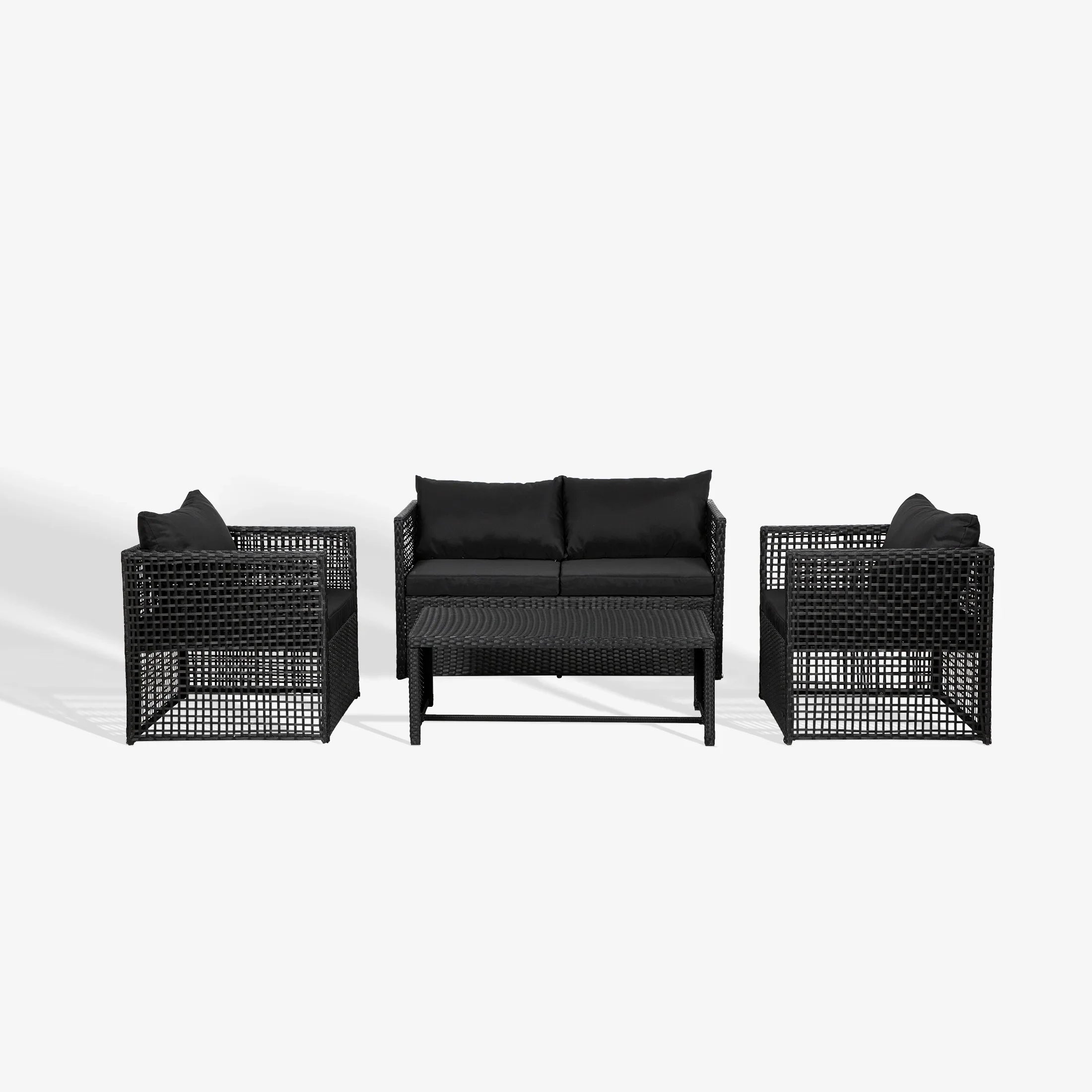 Solano 4-Piece set Black color base Outdoor / Patio Woven Rattan Conversation Sofa set with cushions, throw pillows and a Coffee table ( 4 seater )