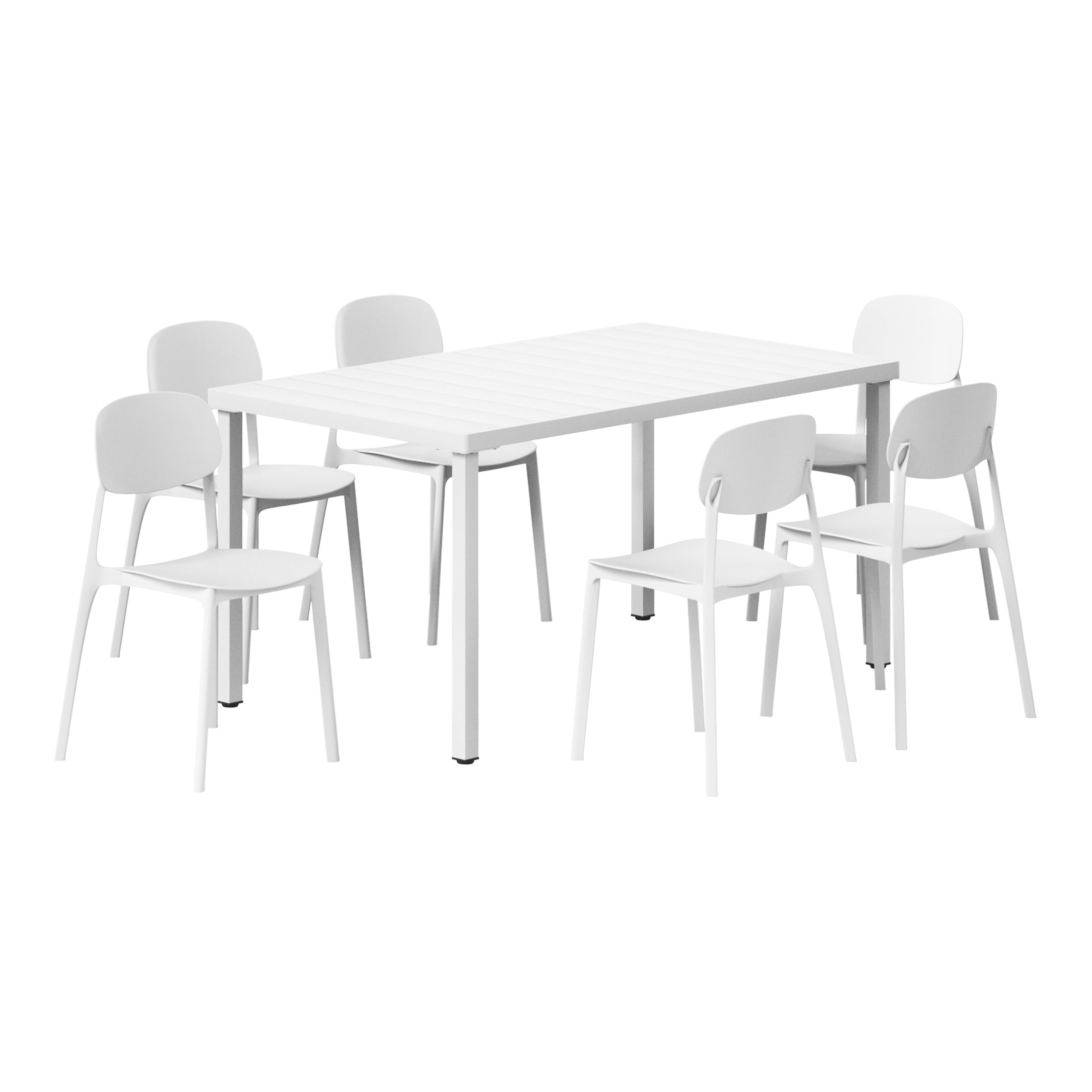 Sunshine 7-Piece Outdoor Rectangular Metal Patio Dining Table Set With Mid-Century Modern Stackable Patio Side Chairs