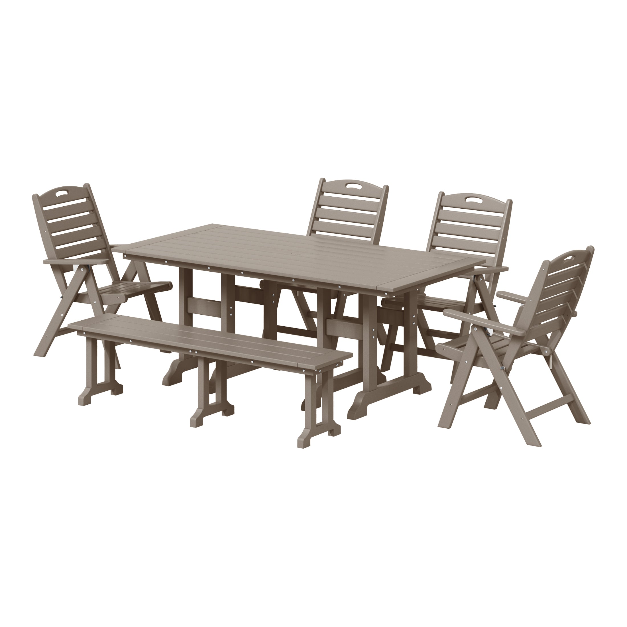 Paradise 6-Piece HDPE Rectangular Patio Dining Table Set with Foldable Chairs and Patio Bench