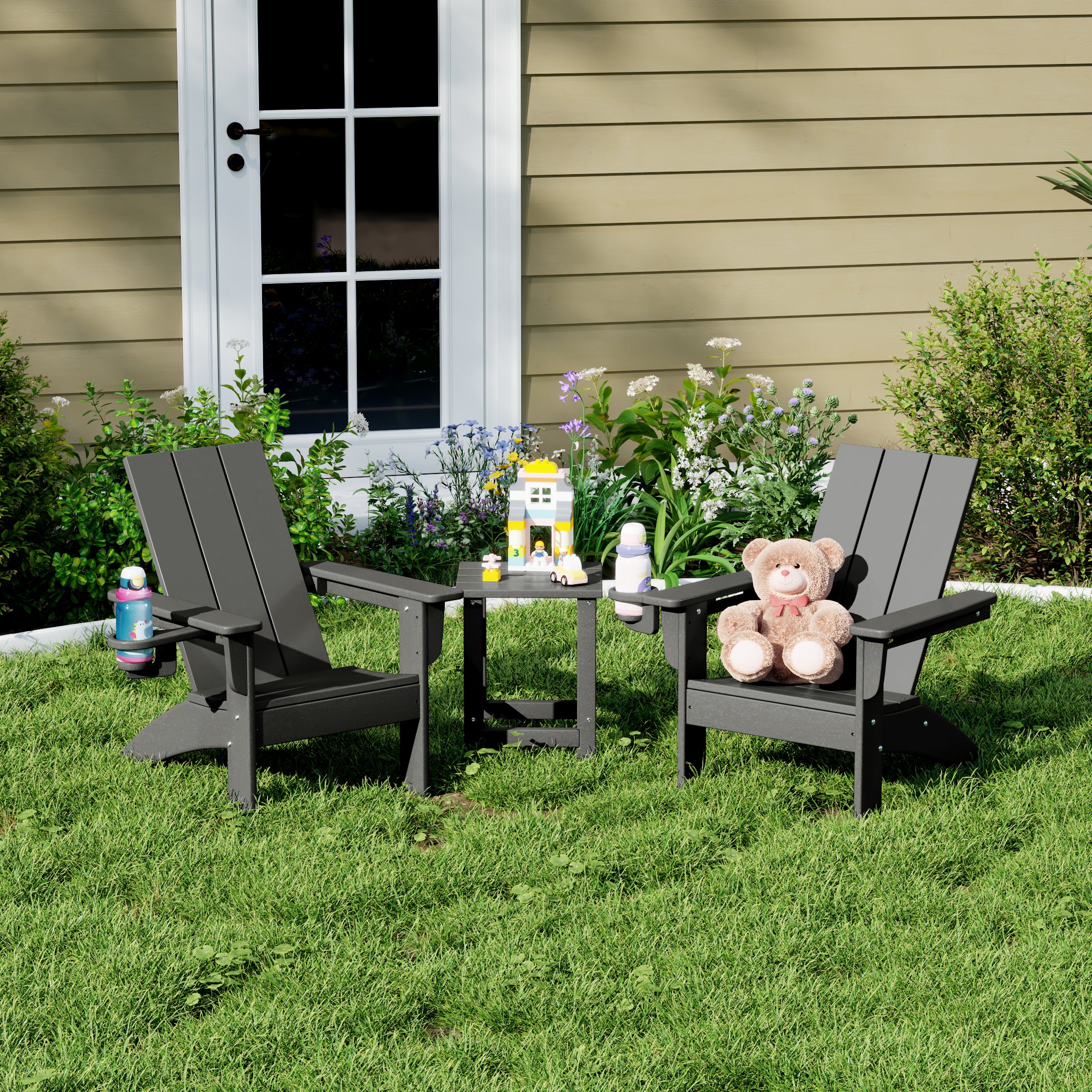 Palms 3-Piece Kids HDPE Modern Adirondack Chairs Set with Square Side Table and Cup Holders