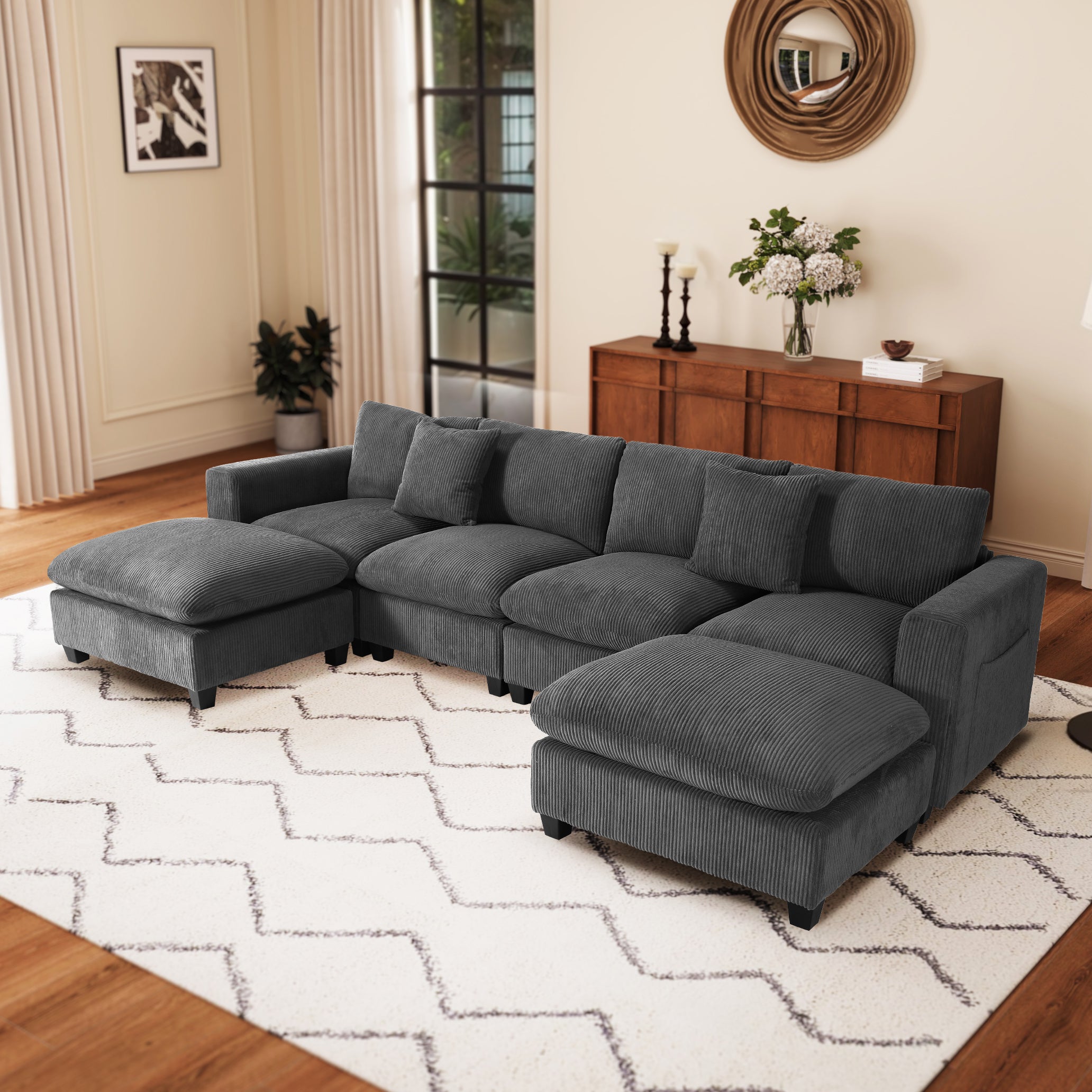 Ava 128" Corduroy Modular U-Shaped Sectional Couch and Chaise With USB/Type-C Ports and Side Pockets