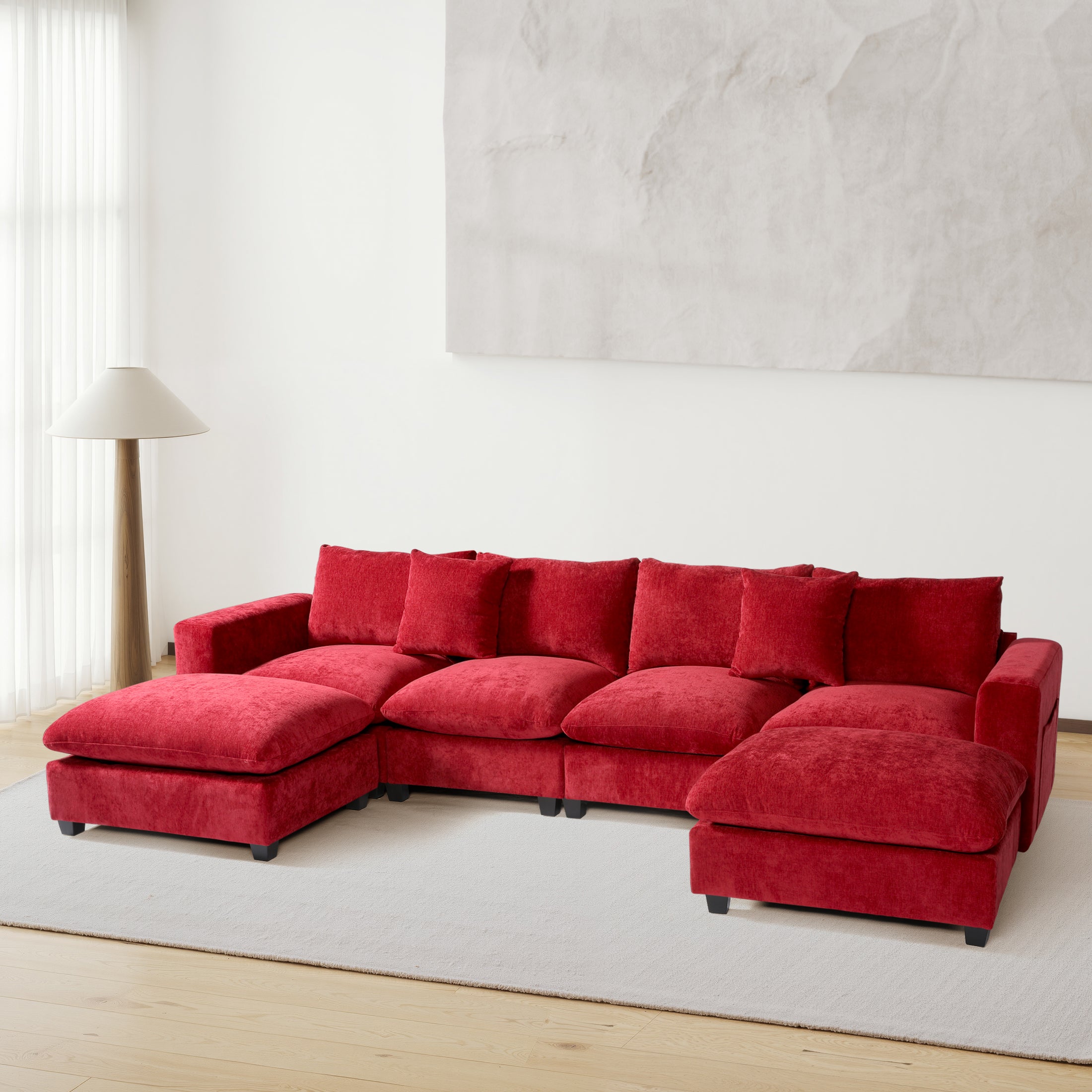 Springfield 128" Chenille Modular U-Shaped Sectional Couch and Chaise With USB/Type-C Ports and Side Pockets