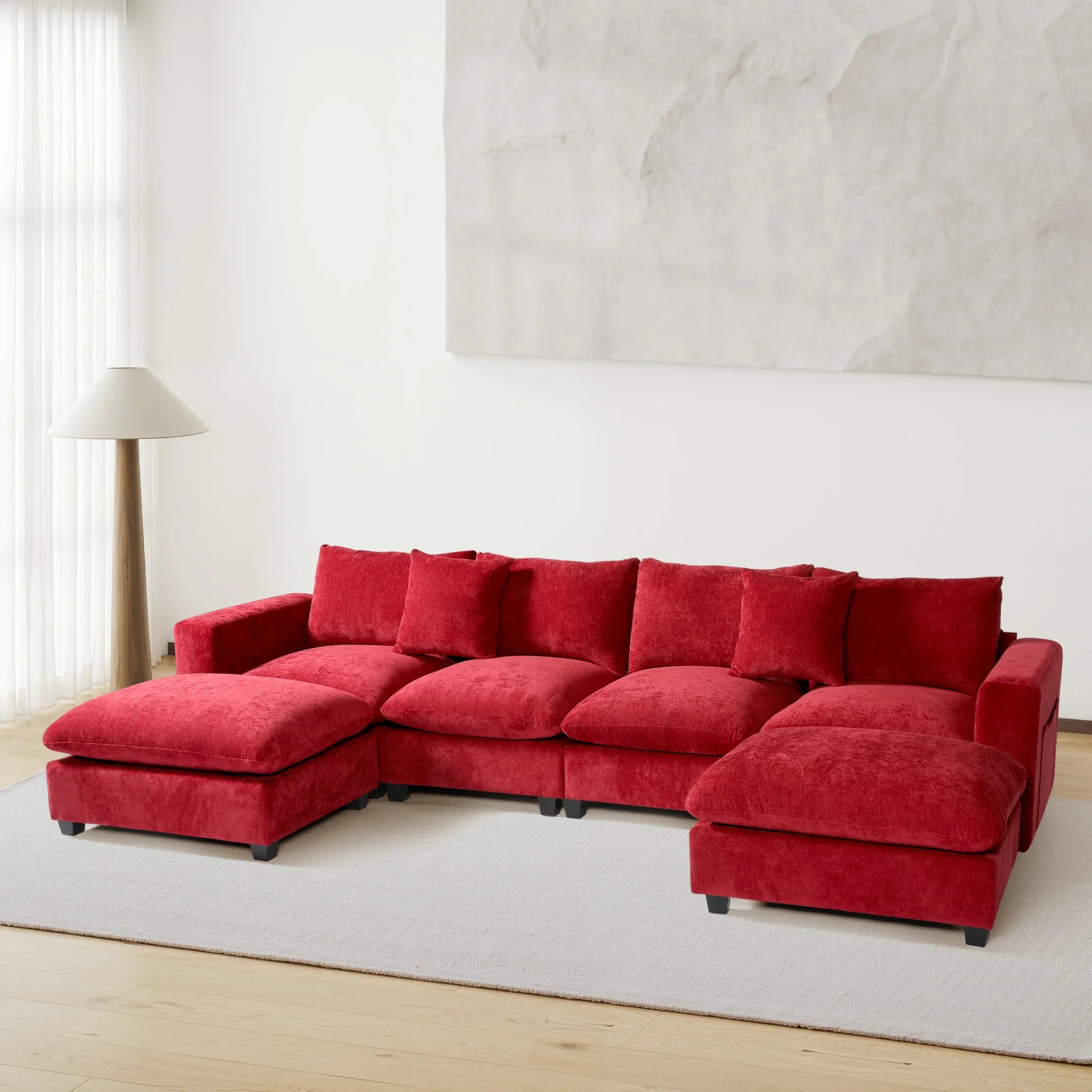 Springfield 128" Chenille Modular U-Shaped Sectional Couch and Chaise With USB/Type-C Ports and Side Pockets