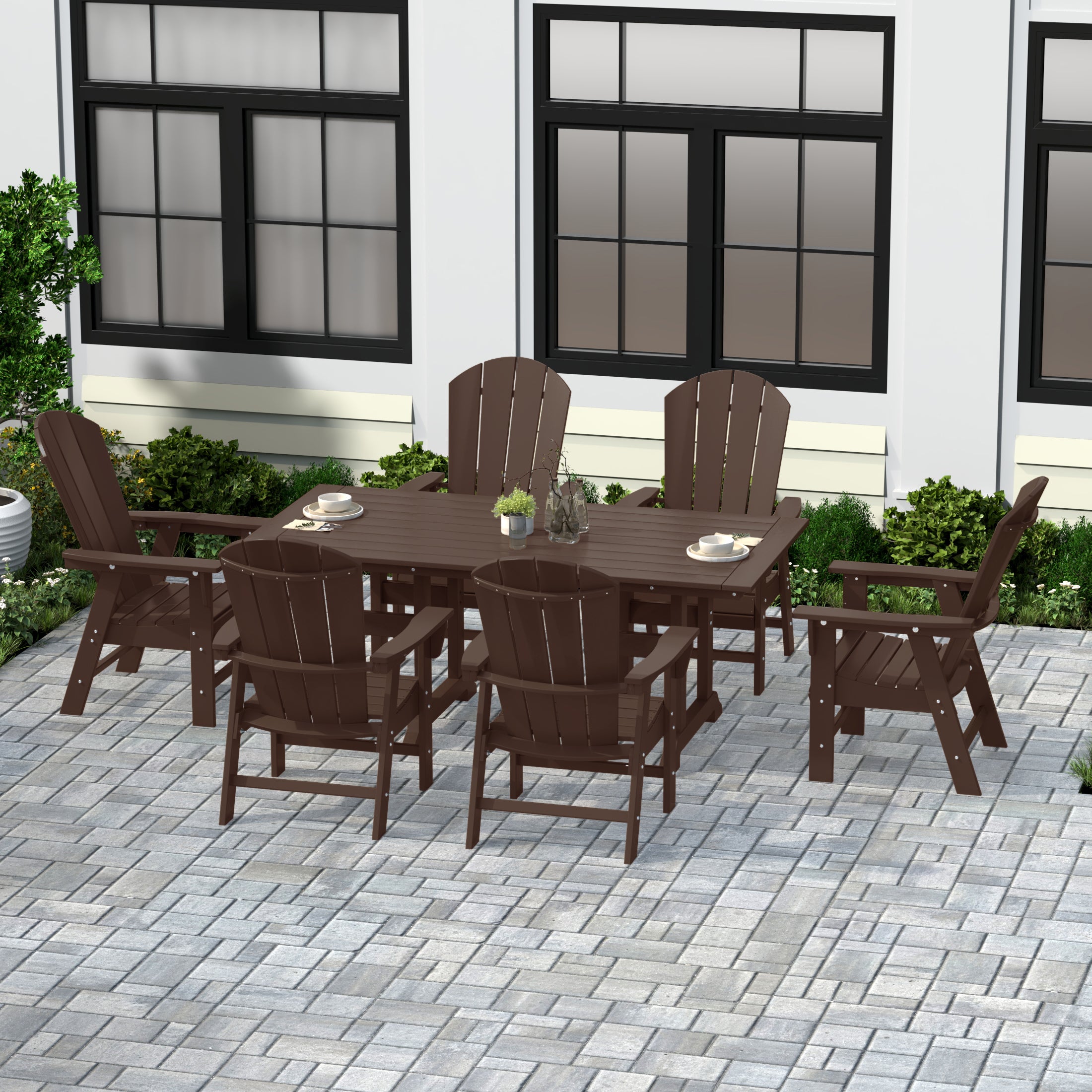 Paradise 7 Piece Outdoor Patio Dining Table and Adirondack Armchair Set