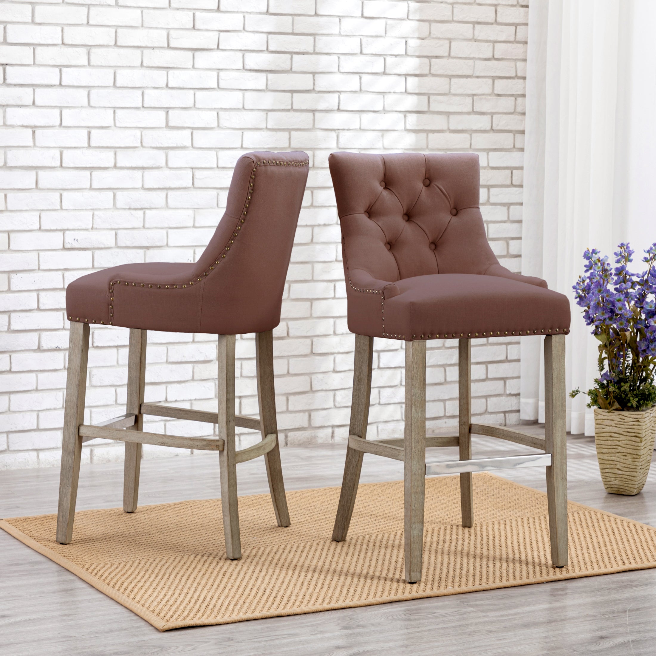 Bellmount 29" Upholstered Wood Bar Stool with Tufted Back (Set of 2)