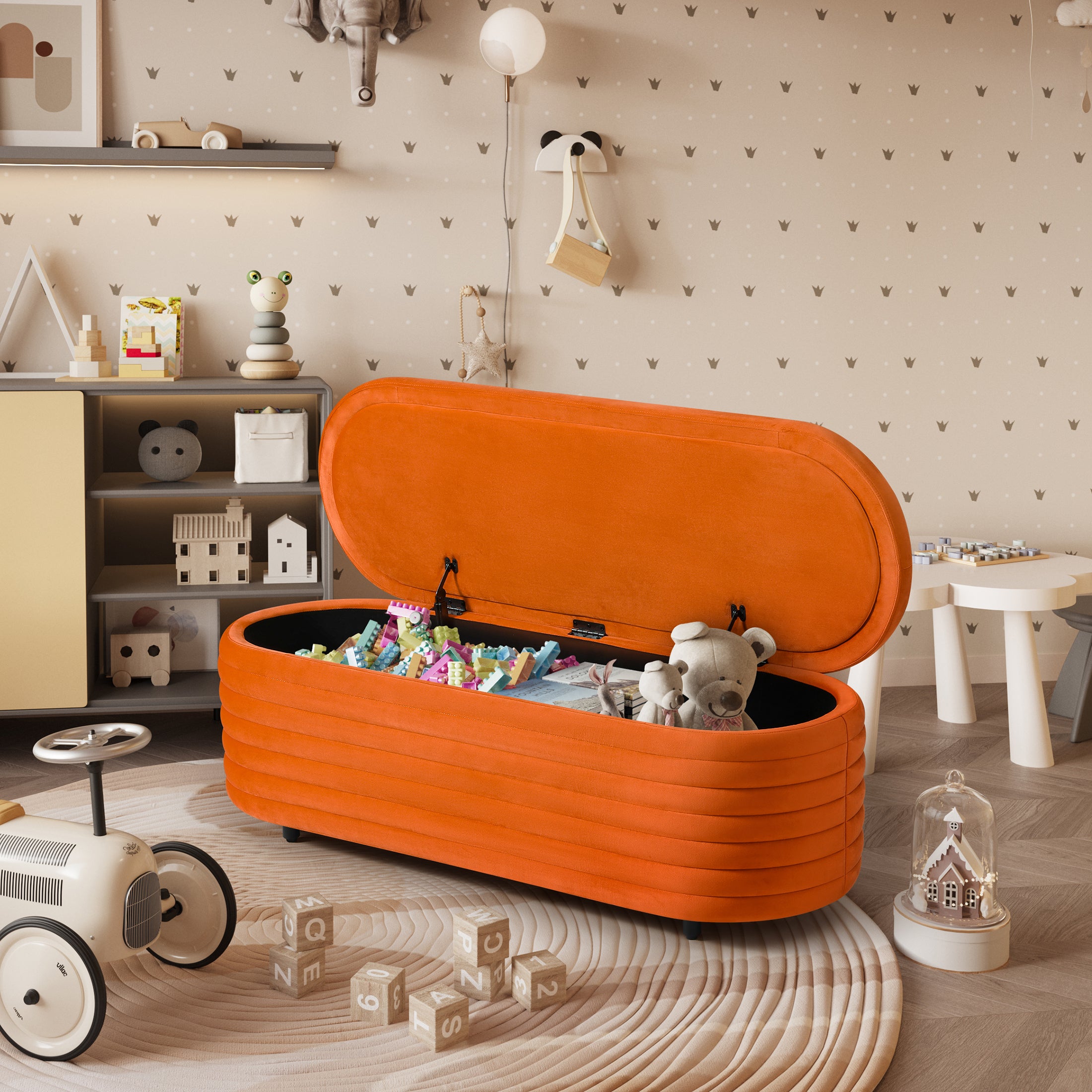 Alaia 54" Wide Mid-Century Modern Upholstered Velvet Tufted Oval Storage Ottoman Bench