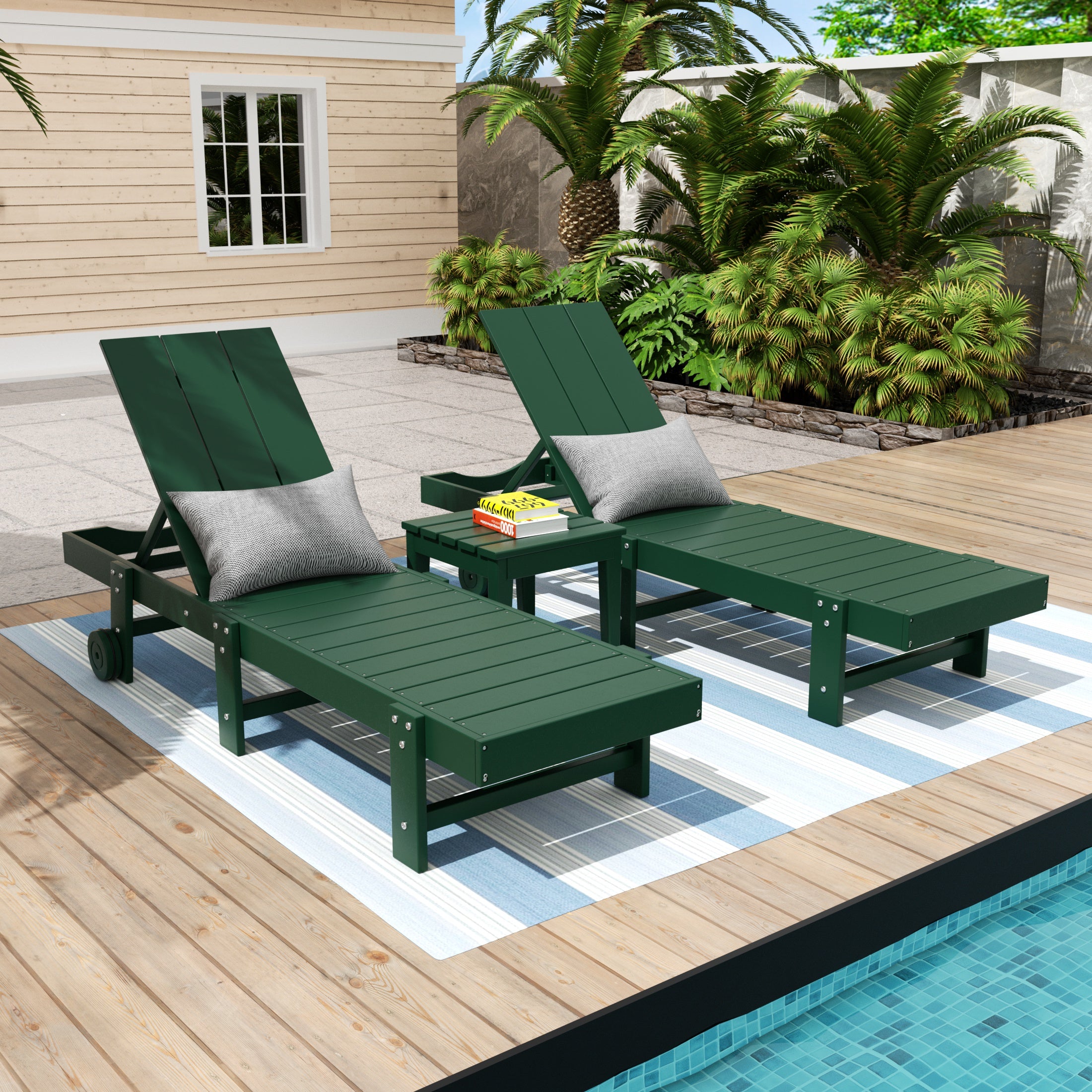 Palms 3 Piece Modern Poly Reclining Chaise Lounge With Wheels