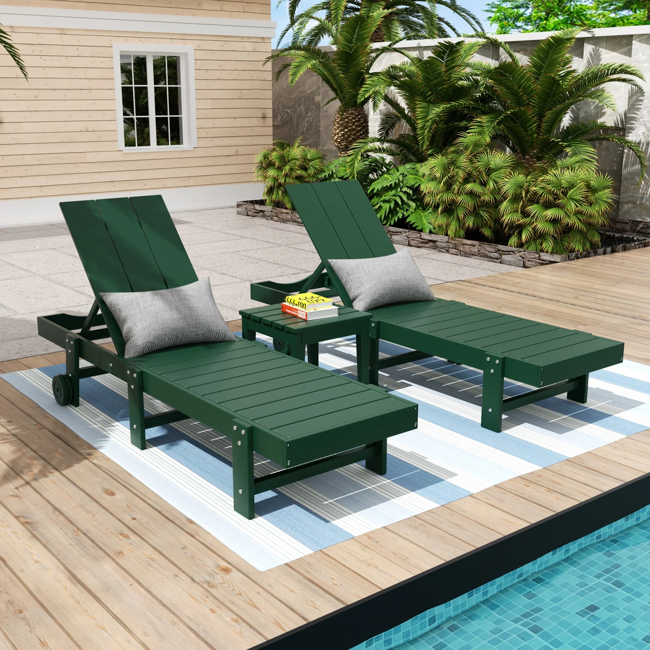 Palms 3 Piece Modern Poly Reclining Chaise Lounge With Wheels