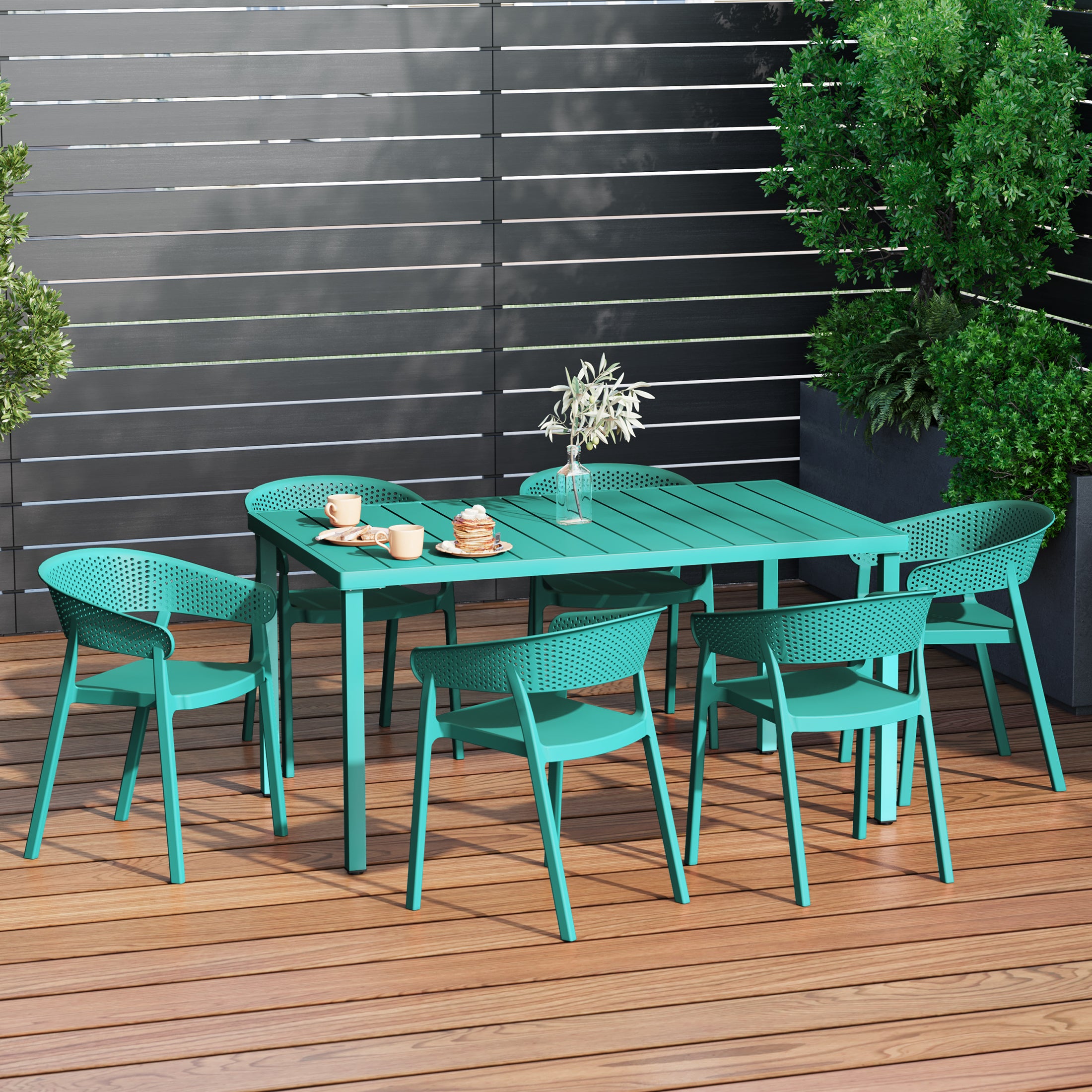 Sunshine 7-Piece Outdoor Metal Rectangle Patio Dining Table Set With Stackable Patio Dining Chairs