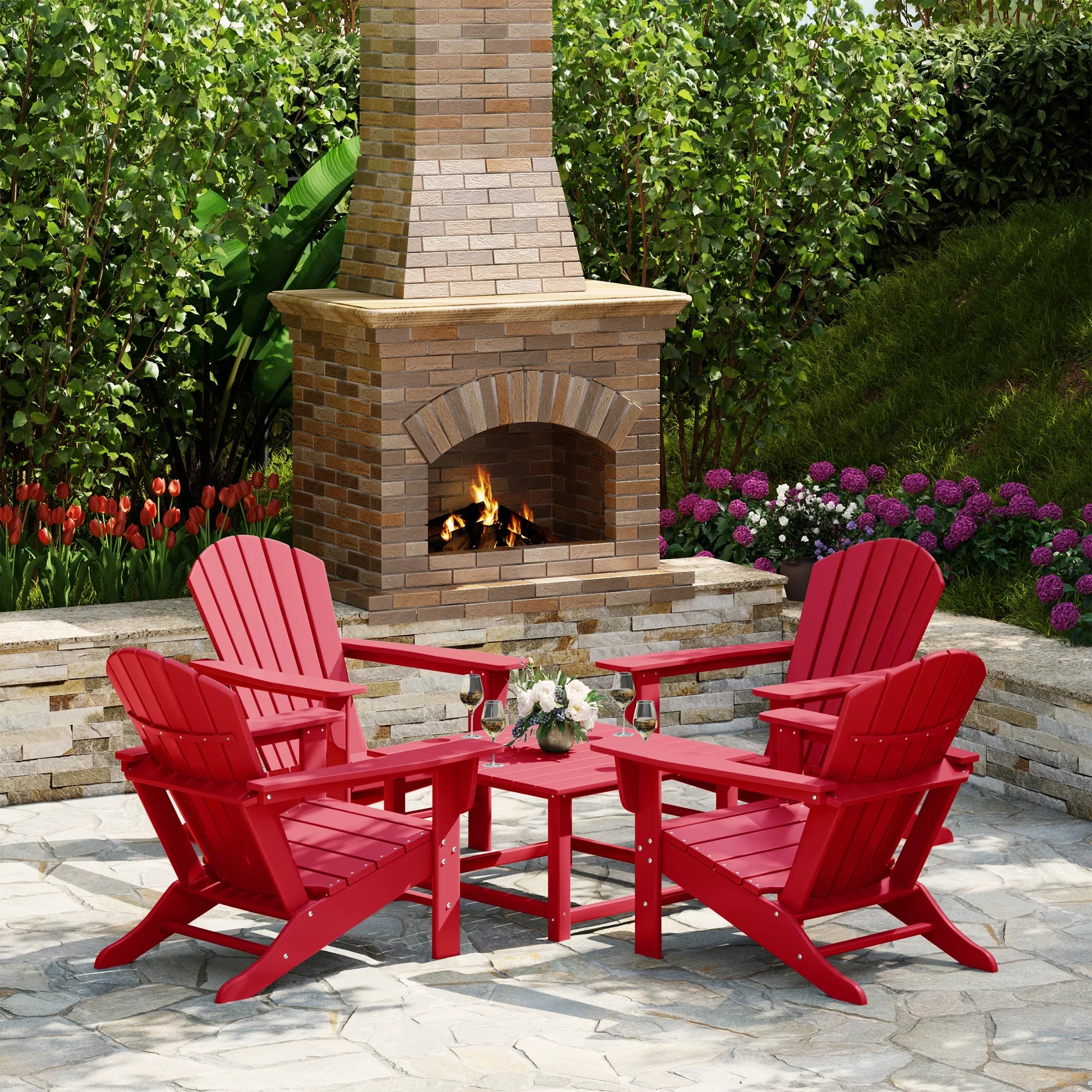 Portside 5-Piece Outdoor Patio HDPE Adirondack Chair With Square Coffee Table Conversation Set