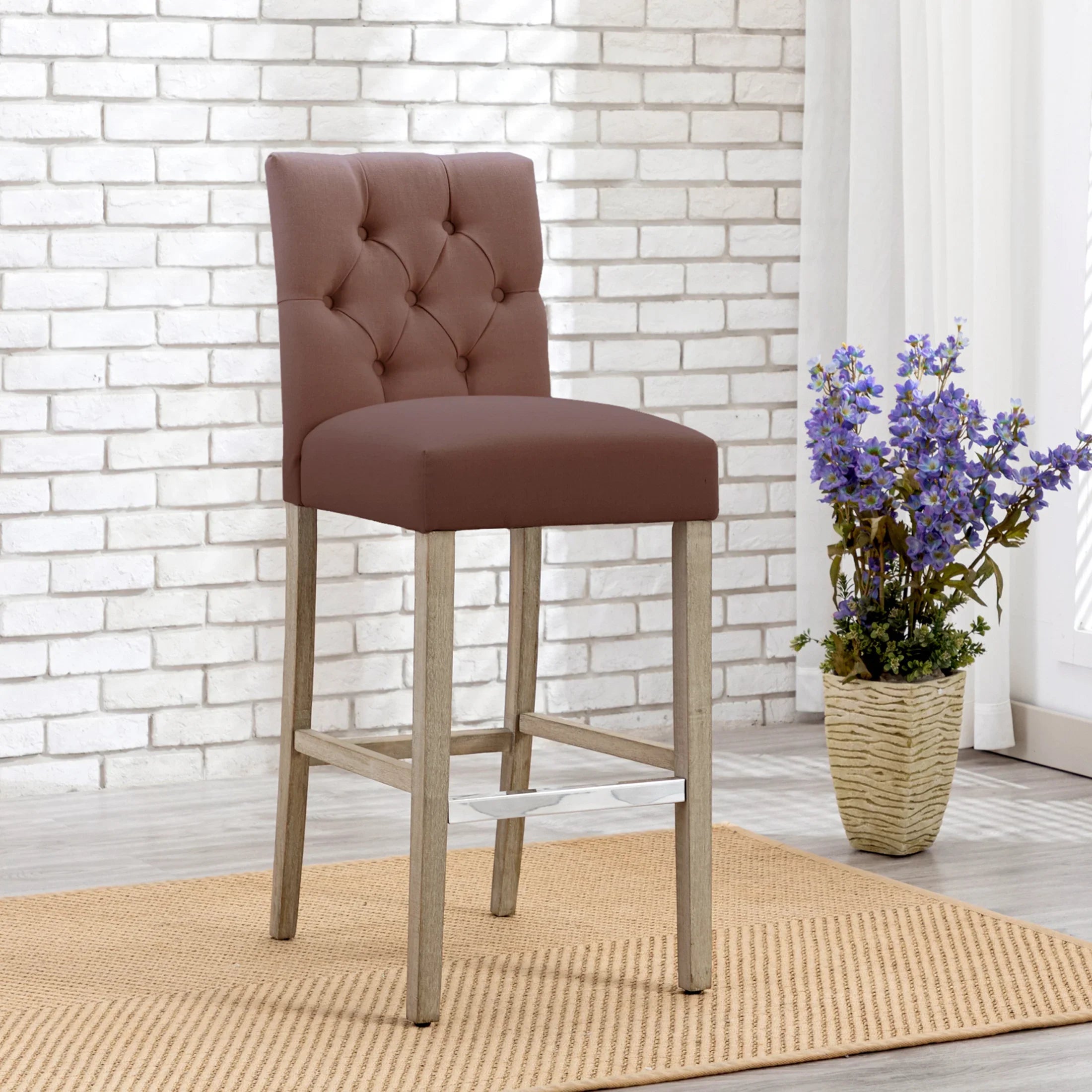 Bellmount 29" Linen Fabric Tufted Bar Stool,Antique Gray