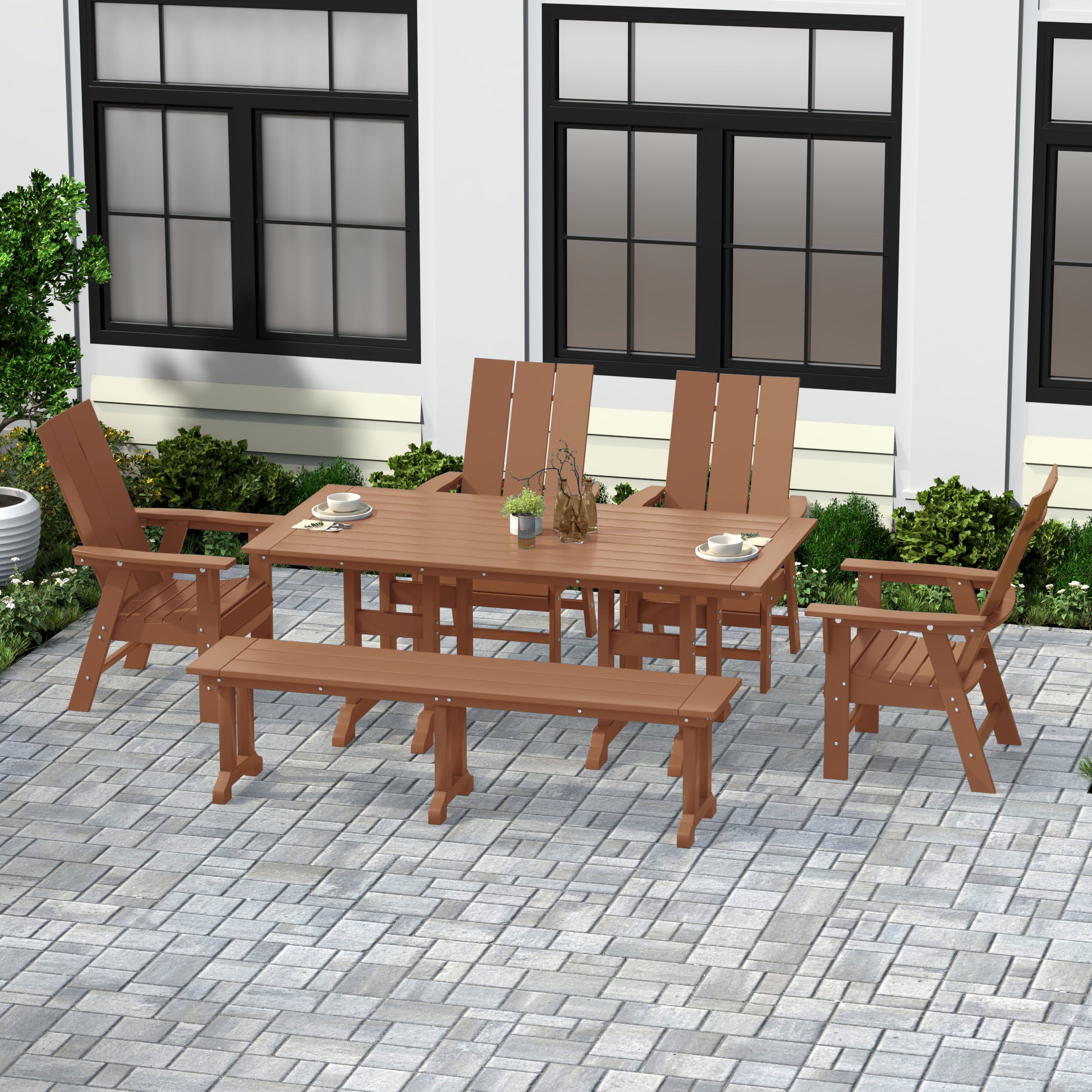Palms 6 Piece Outdoor Patio Dining Table and Armchair Dining Bench Set