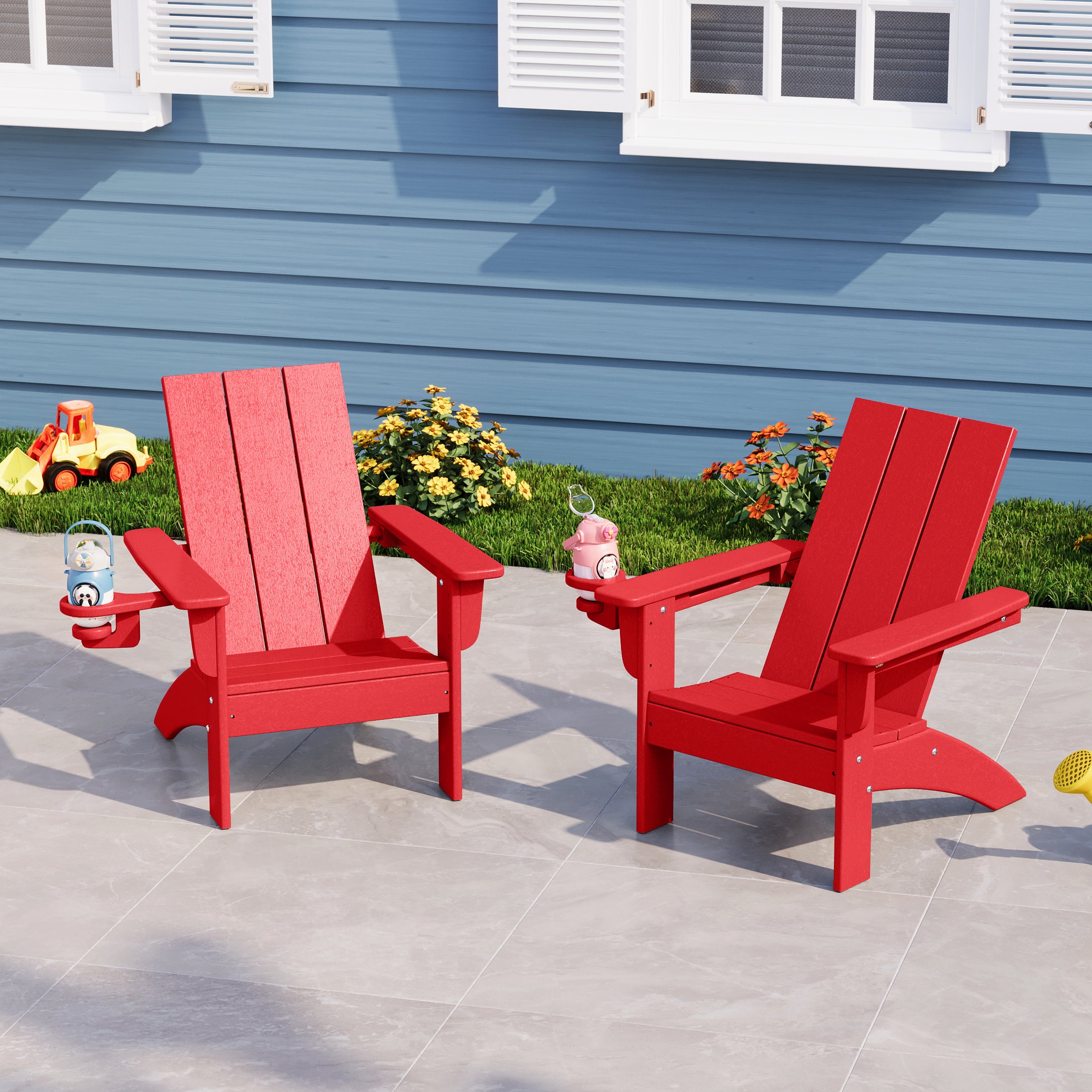 Palms Kids Outdoor HDPE Plastic Modern Adirondack Patio Chairs with Cup Holders (Set of 2)