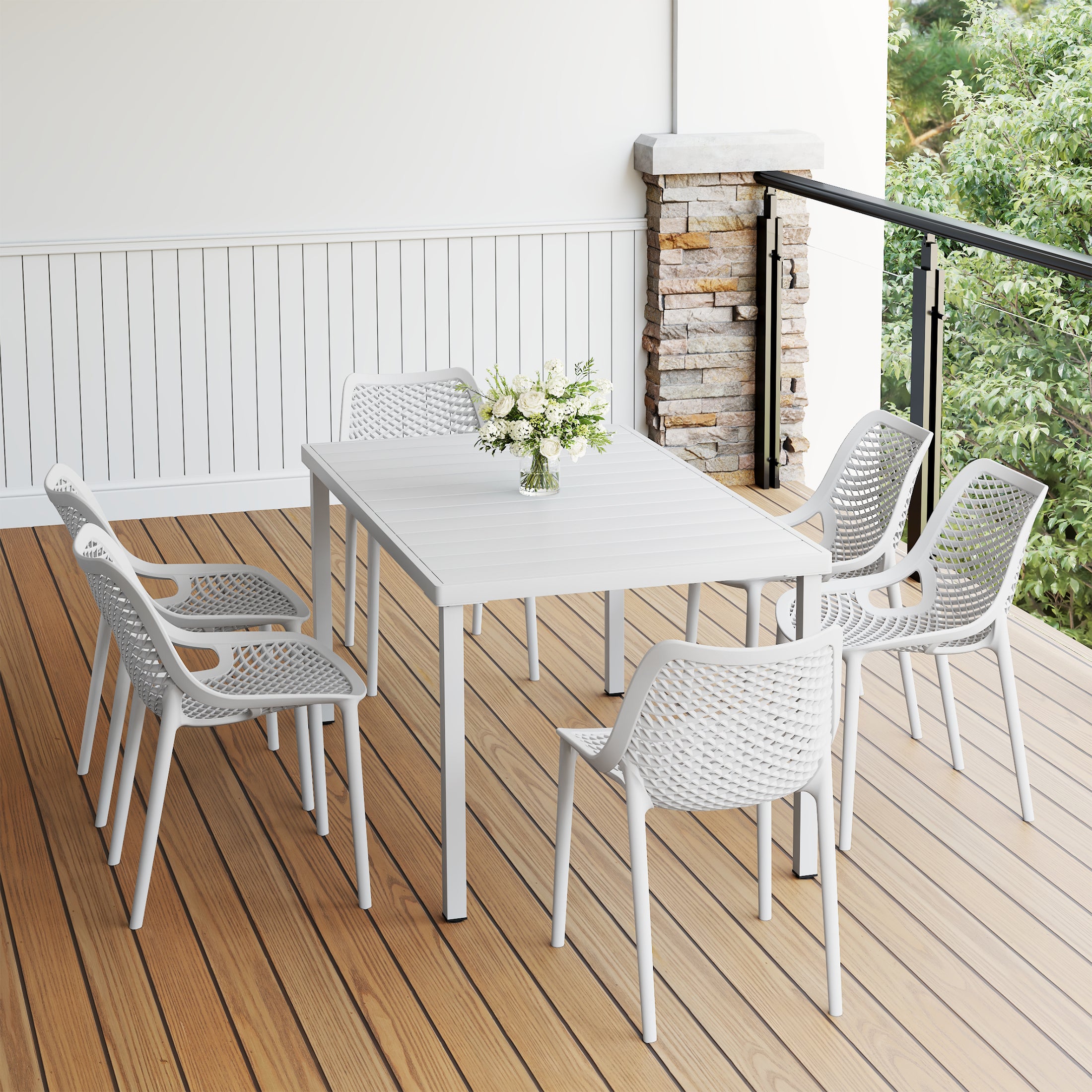 Sunshine 7-Piece Outdoor Metal Patio Dining Table Set With Stackable Patio Chairs