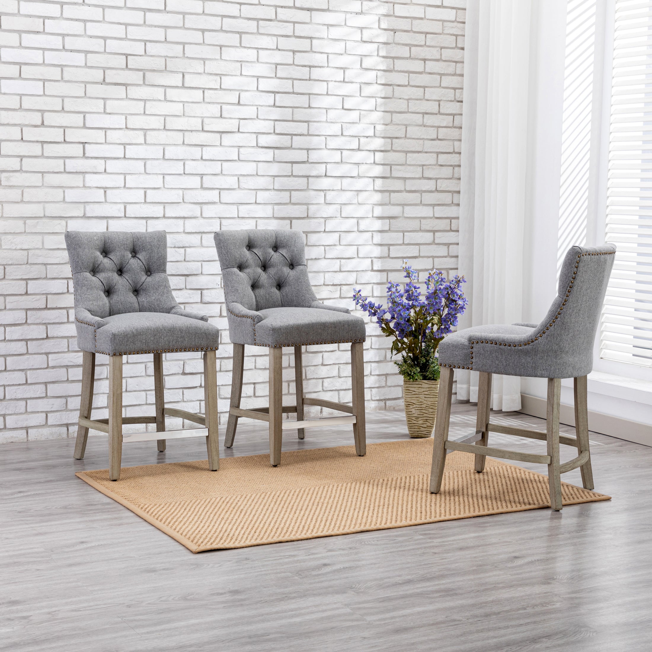 Bellmount 24" Upholstered Wood Bar Stool with Tufted Back (Set of 3)