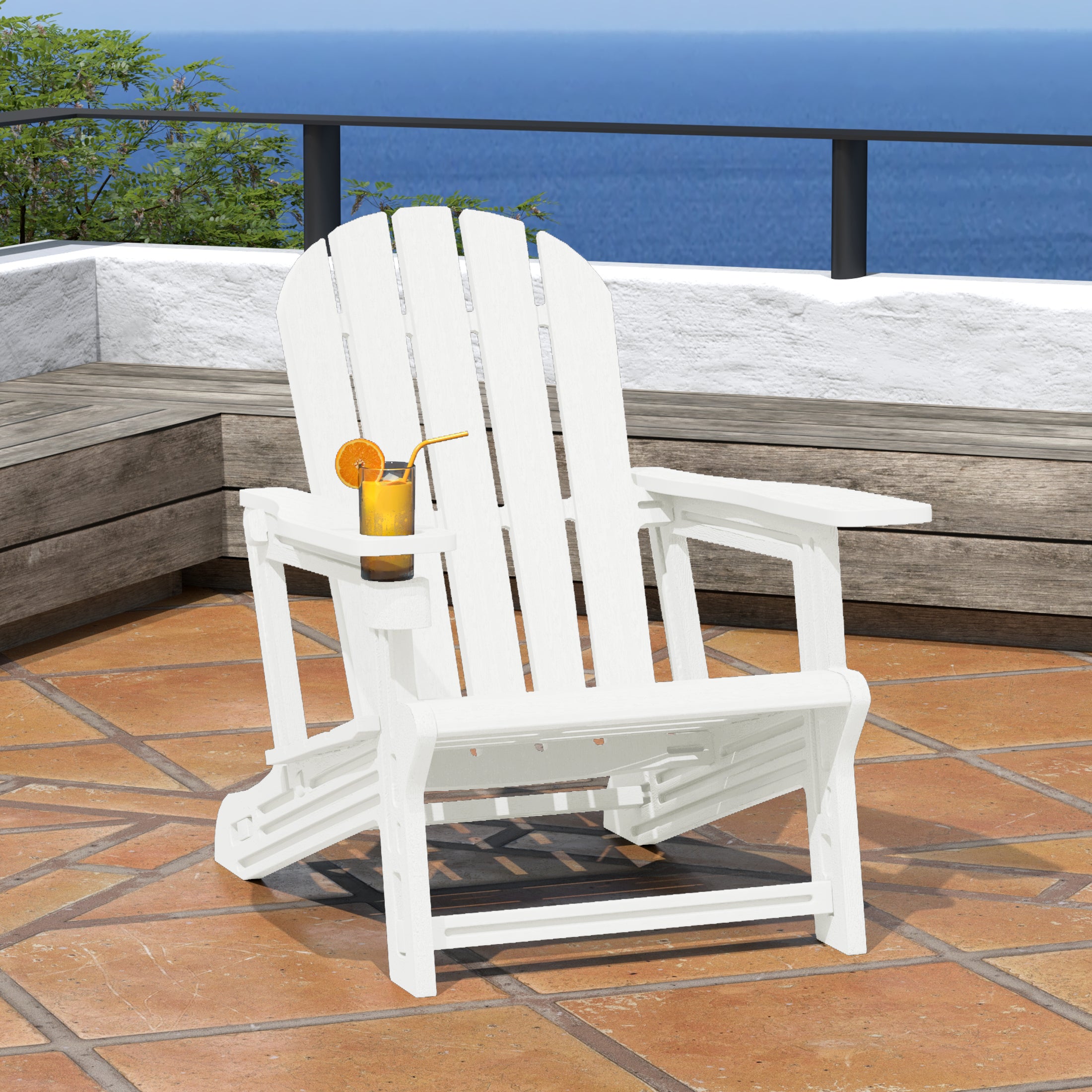 Cayman Tool-Free Assembly Outdoor Patio HDPE Plastic Adirondack Chair with Cup Holder