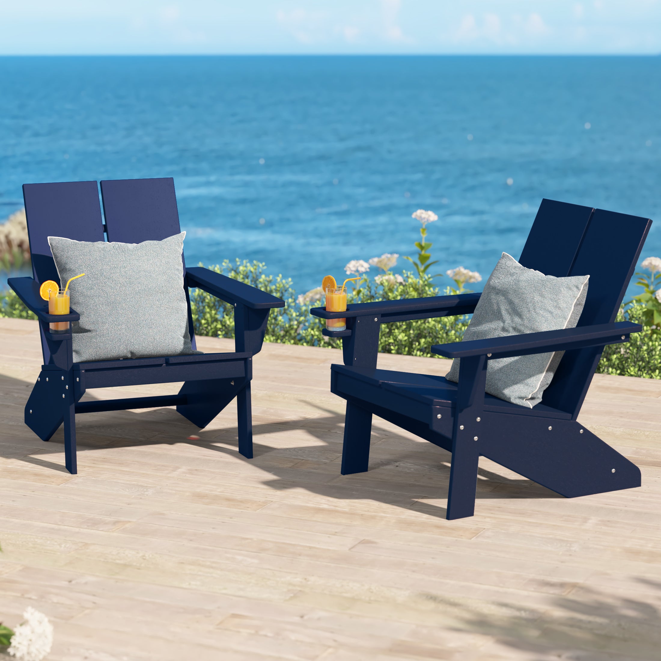 Seaview Outdoor HDPE Modern Adirondack Chair with Cup Holder (Set of 2)
