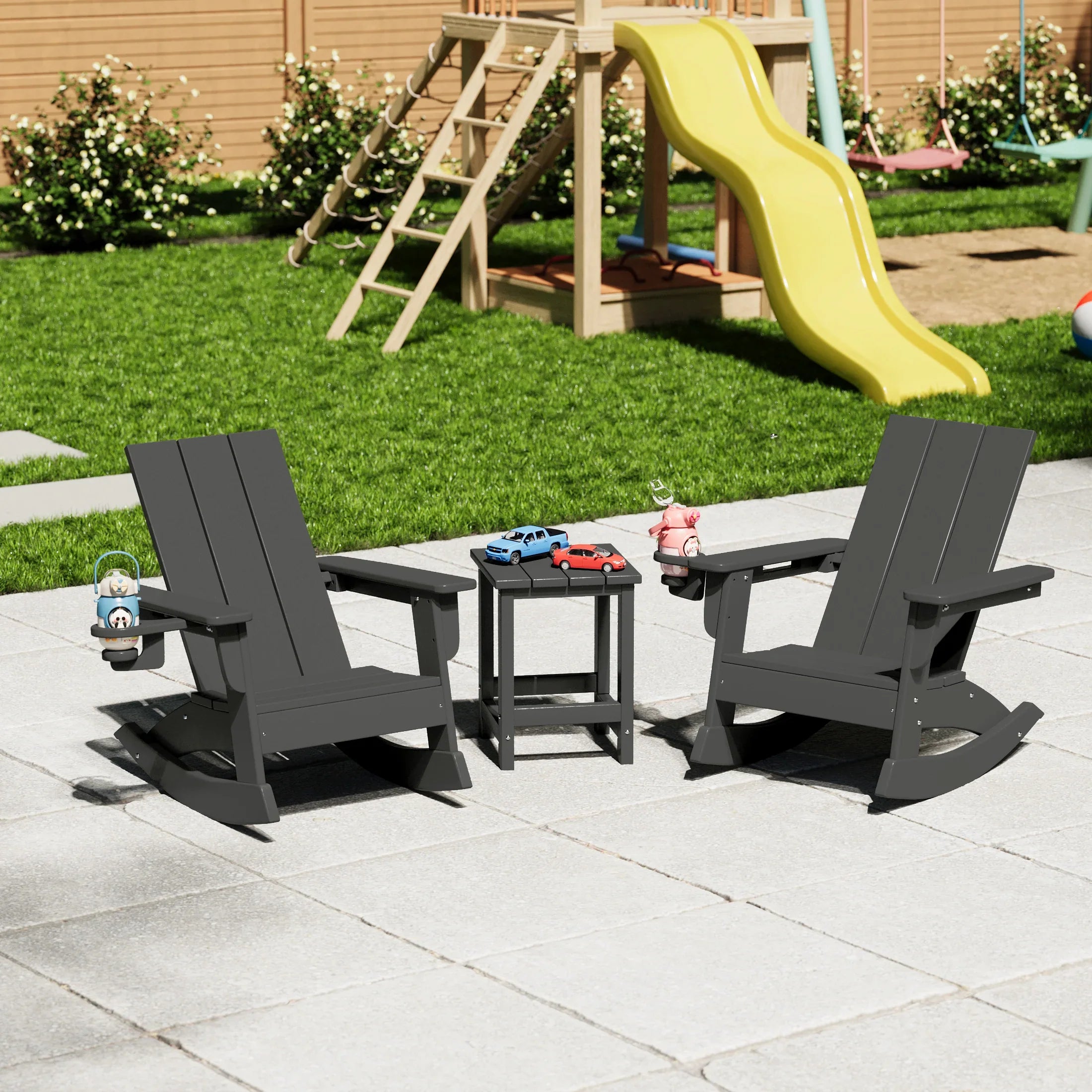 Palms 3-Piece Kids Modern Rocking Chair With Cup Holder and Square Side Table Set